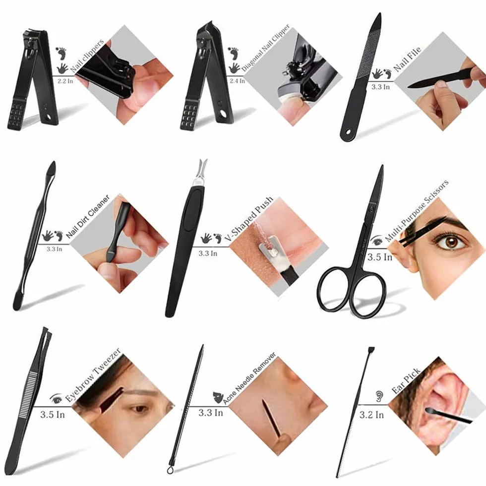 Kit de manucure 9 en 1 acier inoxydable coupe-ongles ciseaux pédicure portable étui cuir bleu