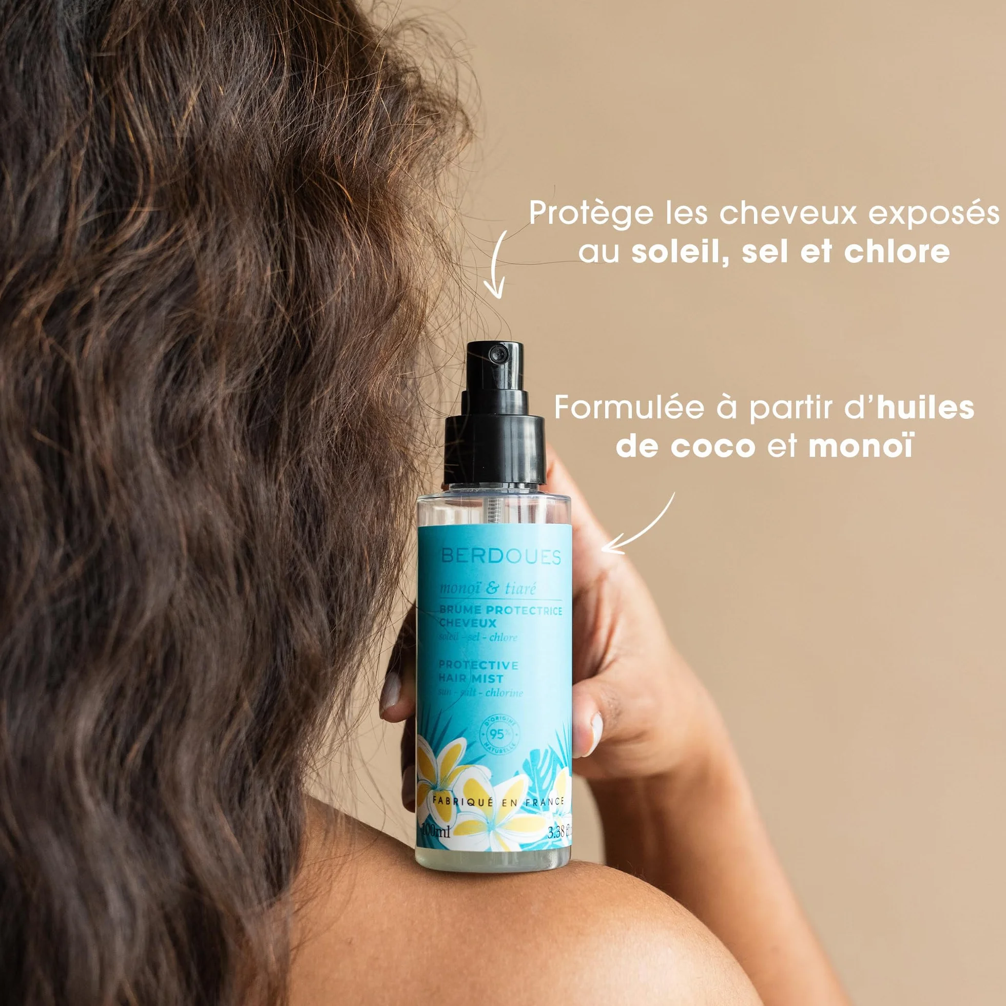 BERDOUES Brume parfumée protectrice cheveux 100 ml Lait corps pailleté 200 ml Parfum Monoï Tiaré femme 95% naturelle Vegan Made in France