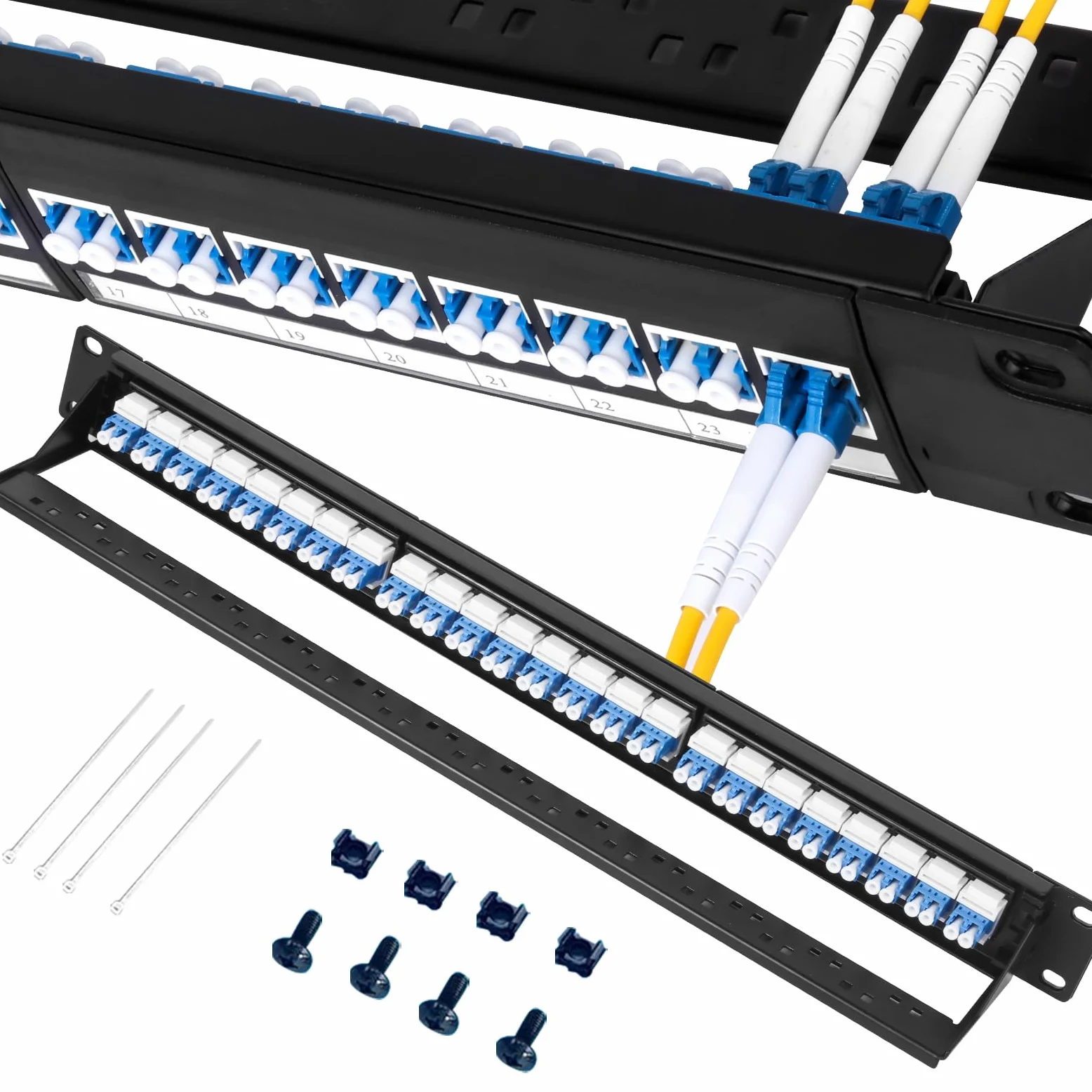 Panneau de brassage en fibre optique 1U avec 24 adaptateurs de fibre optique monomode LC OS2, coupleurs Keystone Jack modulaire avec clé en ligne blanche, connecteurs monomode pour racks