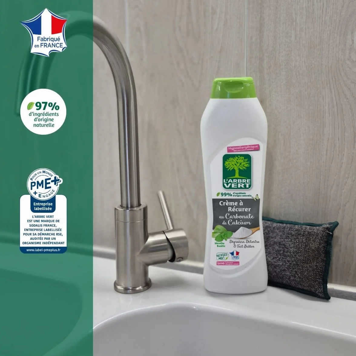 L'Arbre Vert Crème À Récurer au Carbonate de Calcium Menthe Basilic 500mL