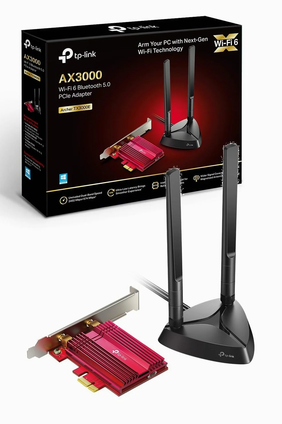 TP-Link Carte WiFi 6 PCIe AX3000 avec Bluetooth 5.3, Archer TX3000E | Intel AX200, faible latence, WPA3, antennes multidirectionnelles, idéal gaming/télétravail, Windows 10/11 (64 bits)