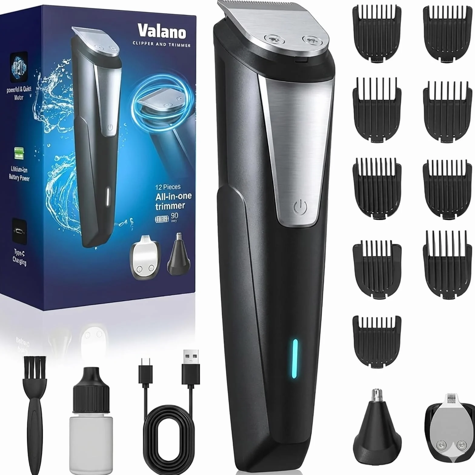Valano Tondeuse Cheveux Hommes 3 en 1 Rasoir Electriques Set, Tondeuse Barbe Sans Fil avec 9 Sabots 1-16mm, Multi-function Men's Groomer Noir