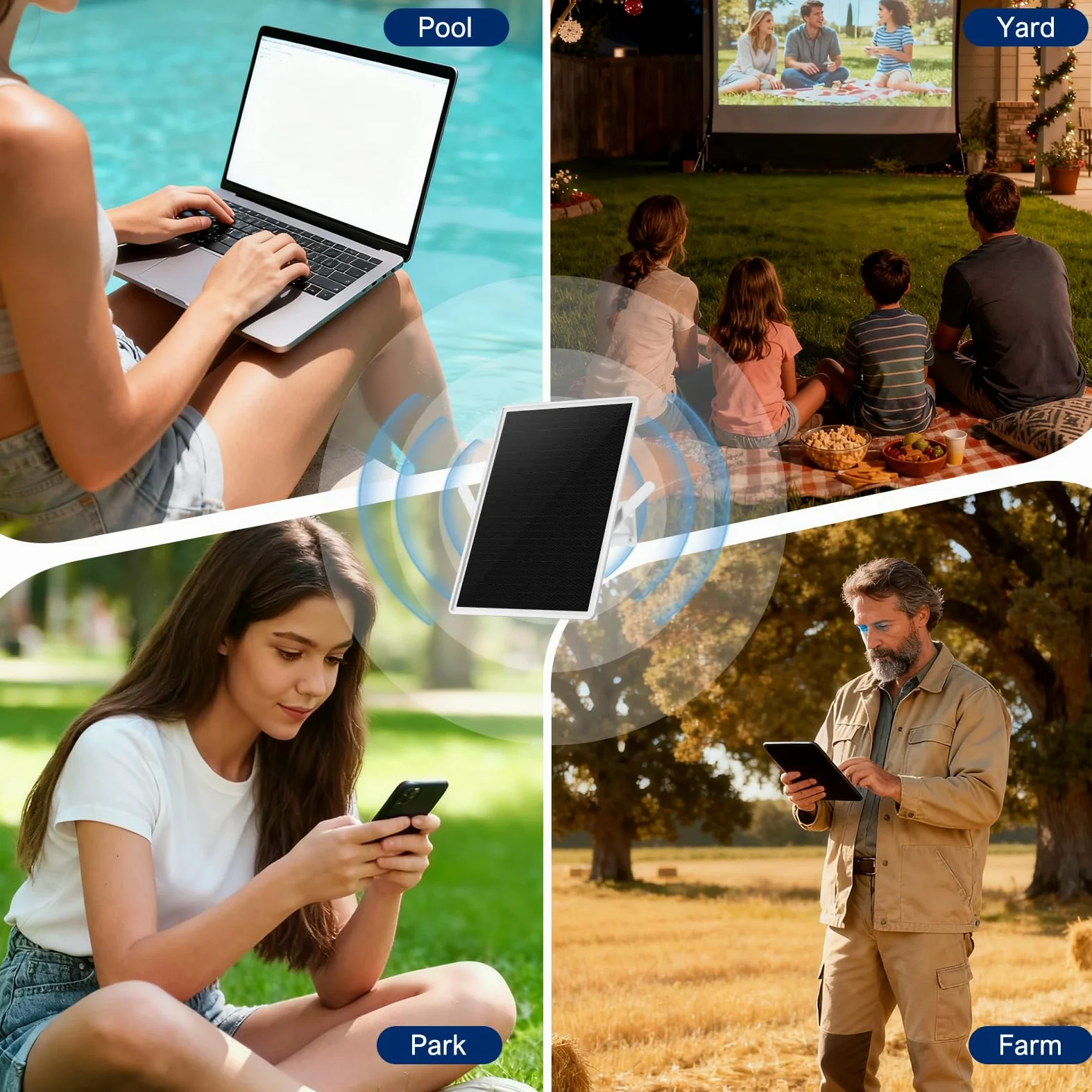 Répéteur WiFi solaire extérieur, amplificateur WiFi 300 Mbit/s 2,4 GHz avec batterie solaire, portée WiFi jusqu'à 100 m, mode point d'accès, compatible avec tous les appareils Wi-Fi 2,4 GHz
