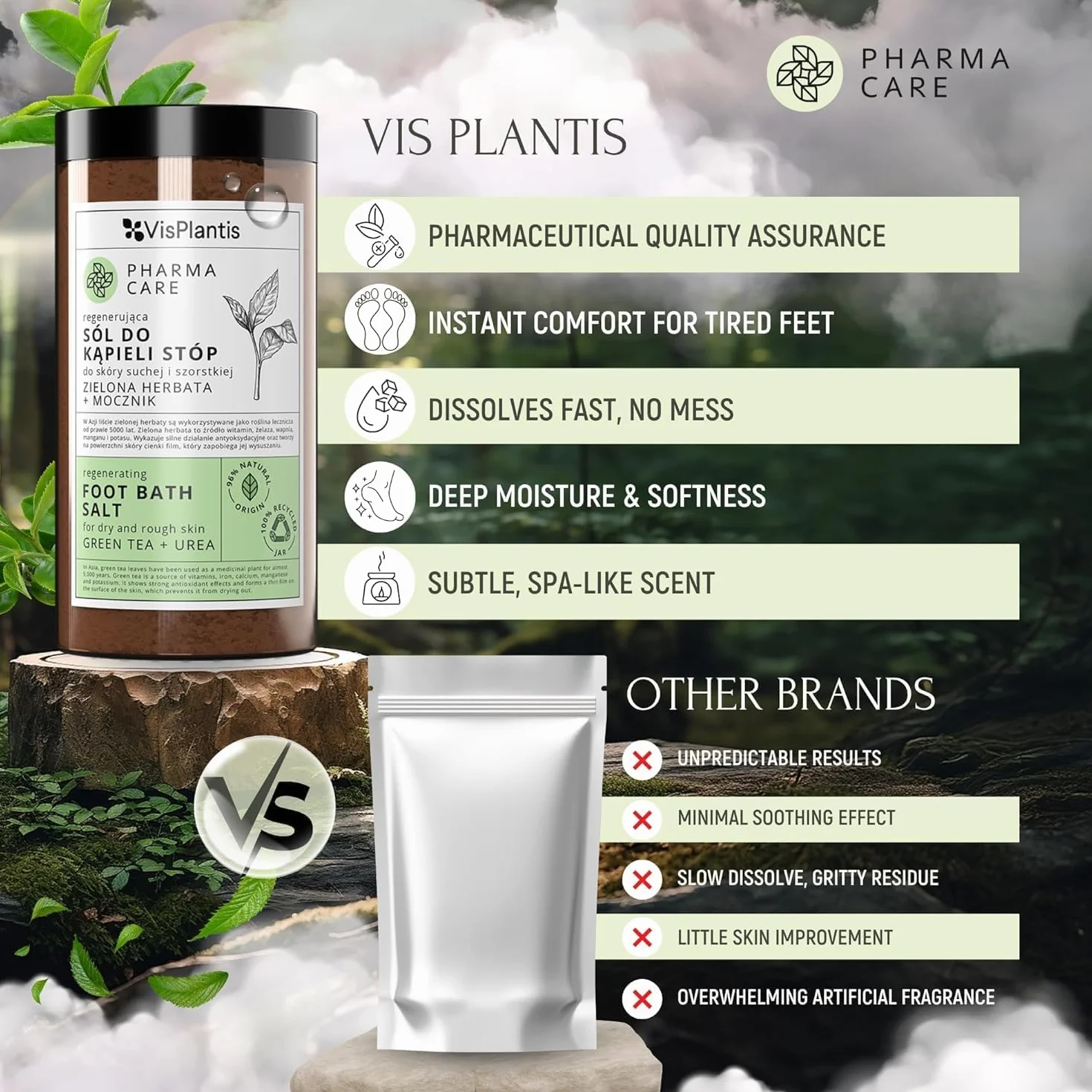 Vis Plantis Sel pour Bain de Pieds au Thé Vert et à l’Urée 560 g Soin des Pieds contre les Champignons et les Fissures