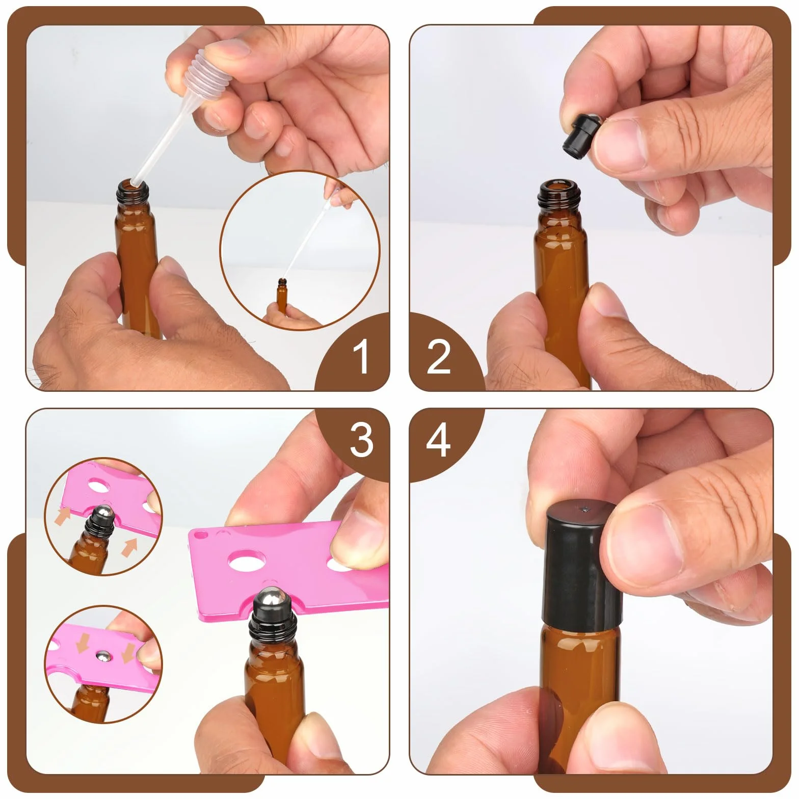 Lot de 24 bouteilles en verre roll on pour huile essentielle, acier inoxydable, marron, avec décapsuleur et étiquettes