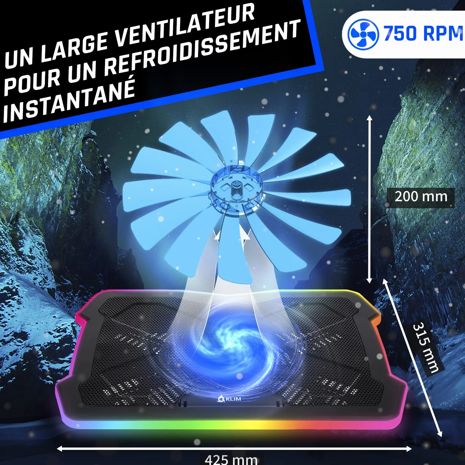 KLIM Ultimate Refroidisseur PC Portable 11" à 17" - Éclairage RGB - Support Ordinateur Portable Gaming - Ventilateur USB