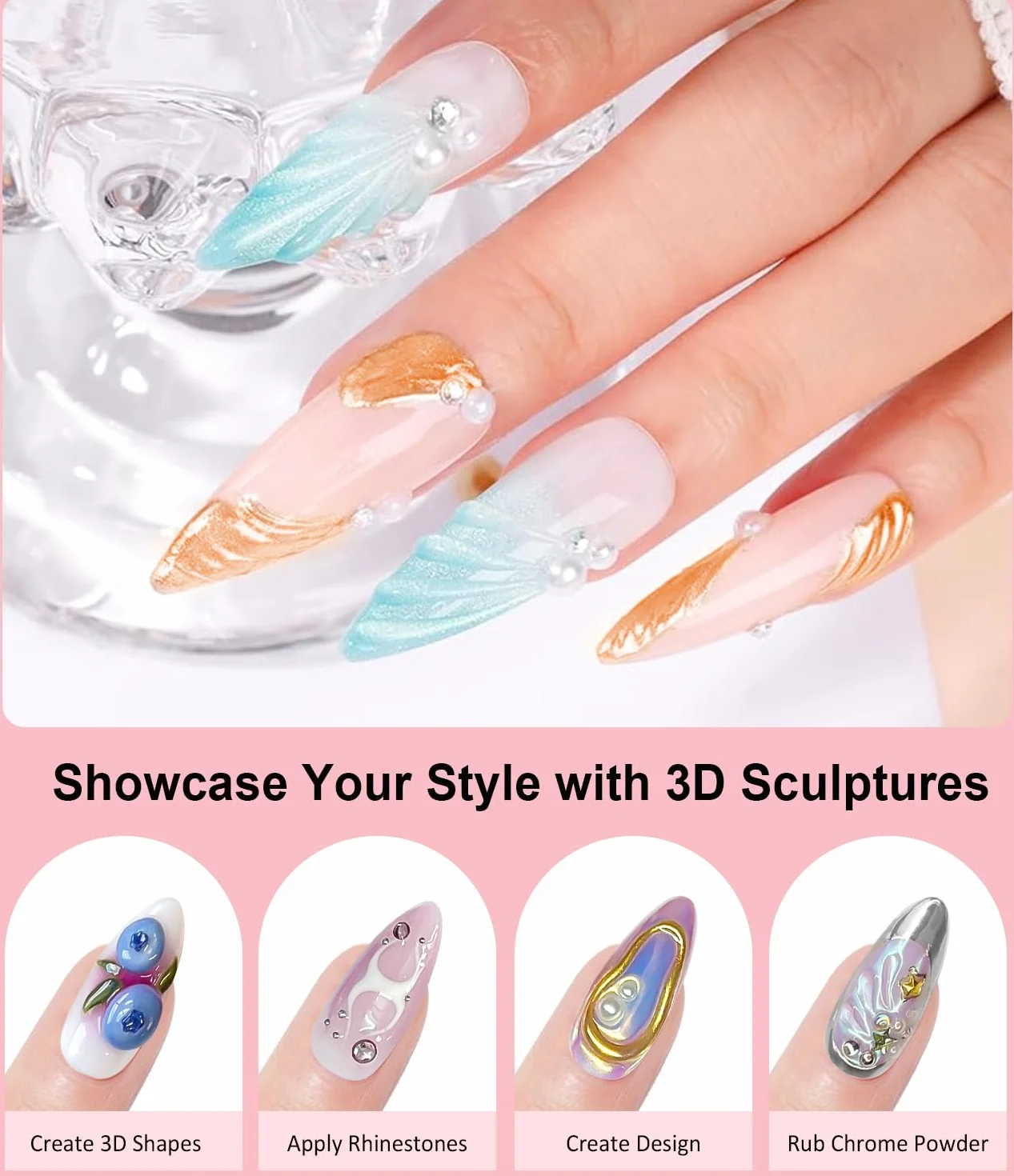 Gel à Gel 3D Ongle Multifonctionnel 15g Nail Art Sans Essuyage Chrome Argent/Or Poudre Jaune Perle Rose