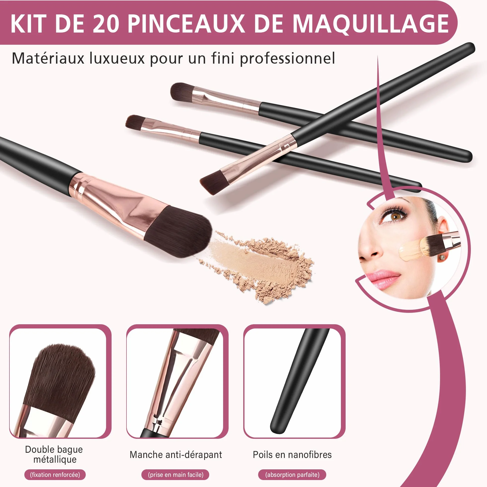 Kit Pinceaux Maquillage 20 Pièces Professionnels Fond de Teint Fard à Paupières