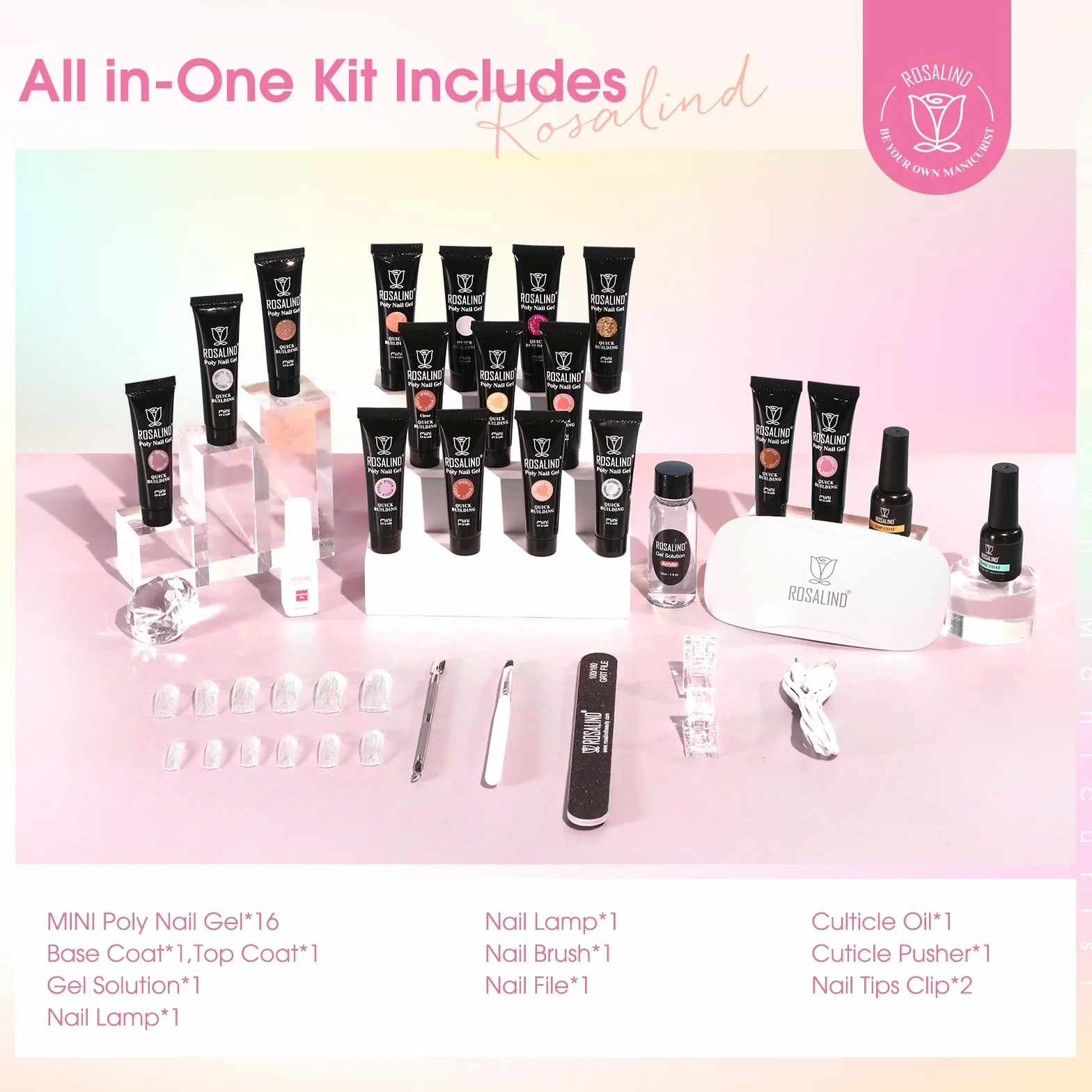 ROSALIND Acrygel Kit Complet Gel Extension d'Ongle 16 Couleurs 10 ml Lampe UV Base Top Coat Outils Manucure