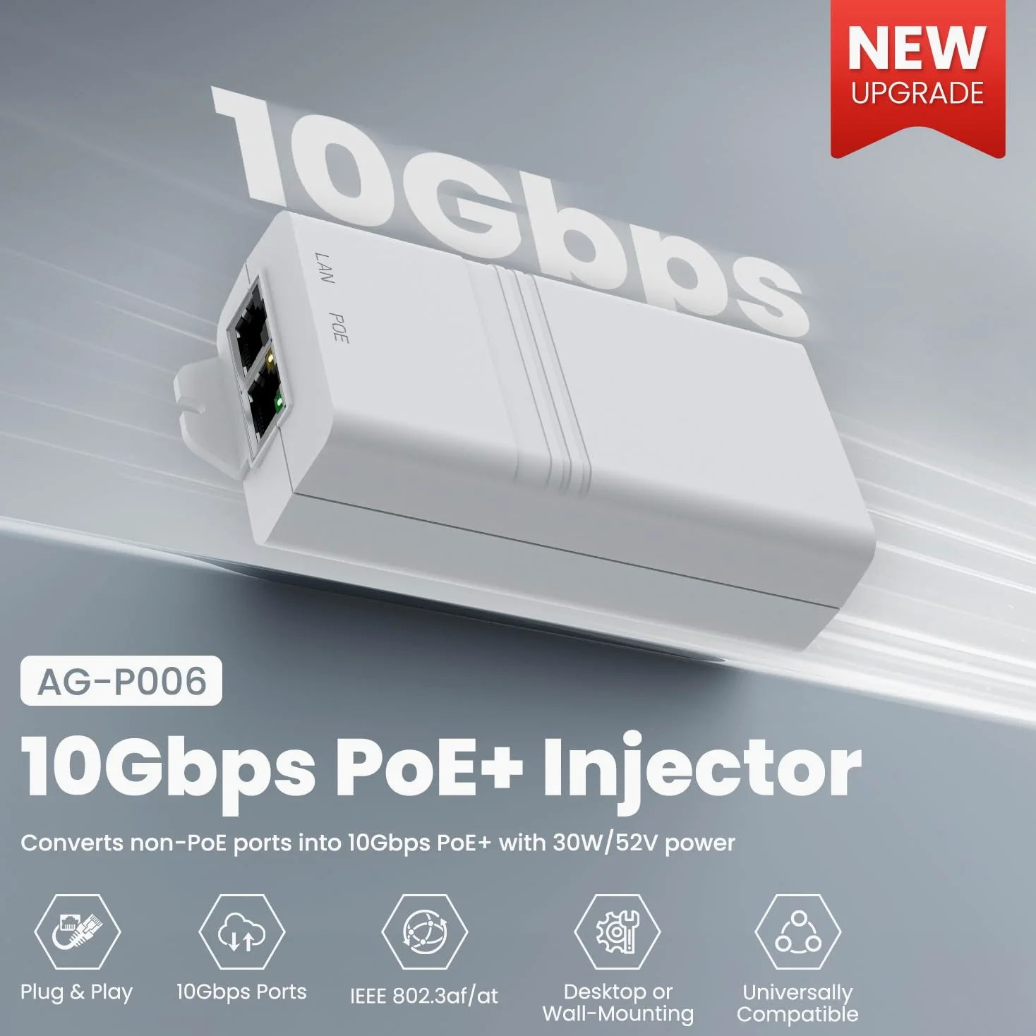 Injecteur PoE+ 10 Gbit/s, conforme à la norme IEEE 802.3at/af de 30 W, port Ethernet 10 Gigabit, pour transmission de données haute vitesse vers caméra IP, point d'accès, NVR, AG-P006