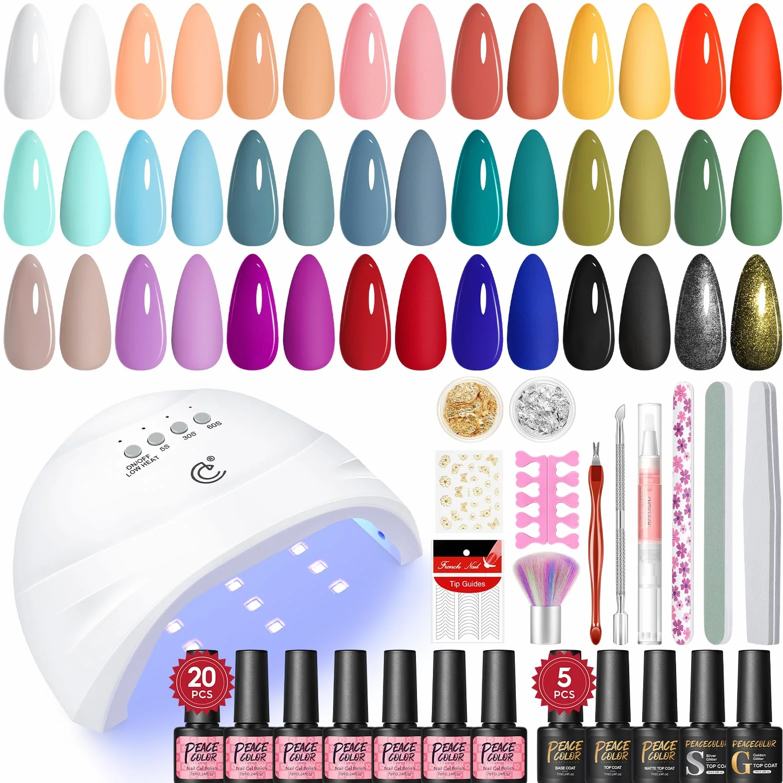 PEACECOLOR 38Pcs Kit Vernis Semi Permanent avec Lampe UV/LED, 20 Couleurs Gel Rouge Bleu Base Top Coat Brillant Mat Glitter pour Ongles
