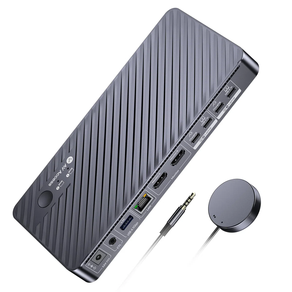 AV Access Station d'accueil KVM Double Écran pour 2 PC - Commutateur KVM 4K Dual Monitor, 100W PD par PC, Ethernet 1G, Émulation EDID, Idéal pour Bureau à Domicile & Gaming