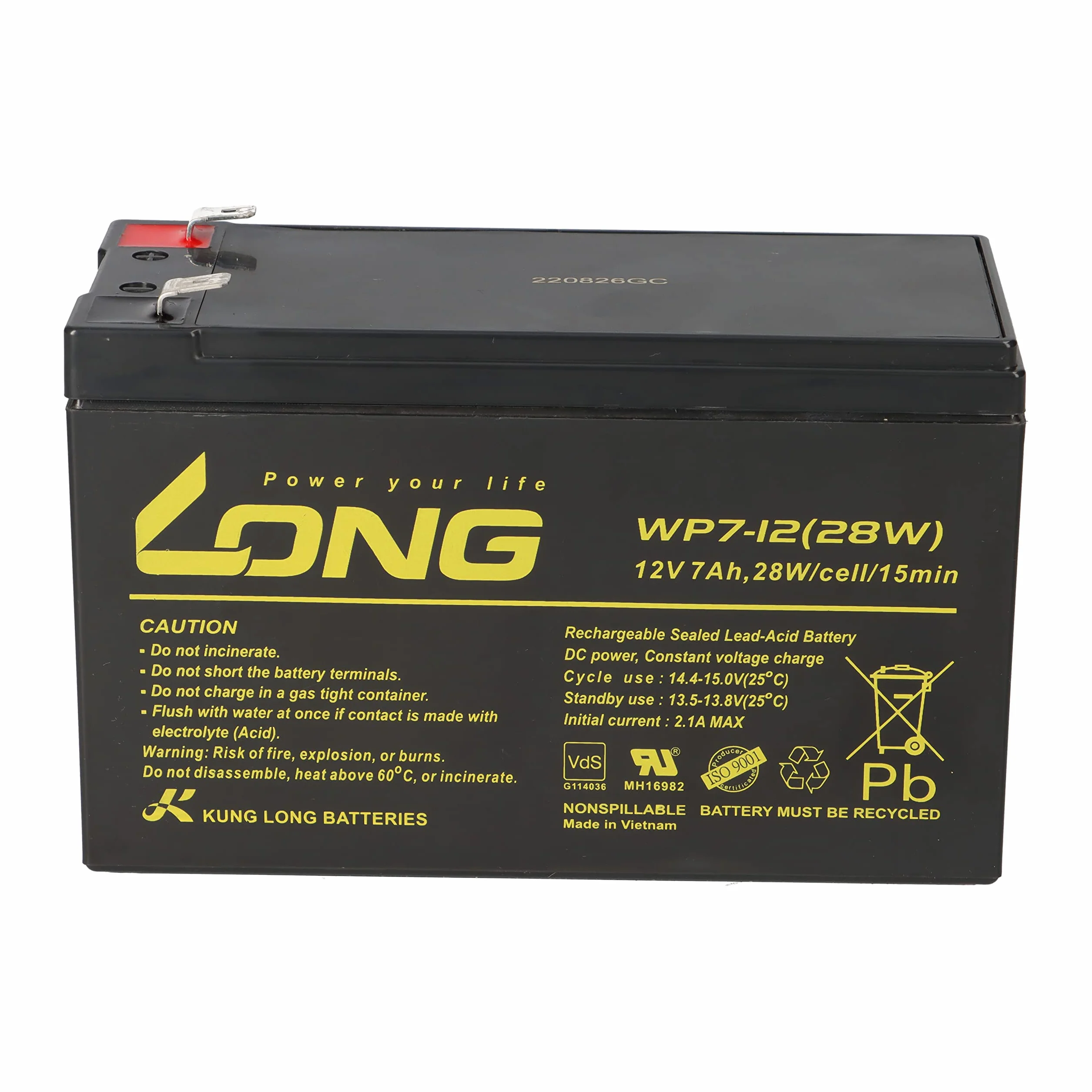 Batterie au plomb AGM 12 V 7 Ah WP7-12 Faston F2 6,3 mm compatible gel 7,2 Ah 8 Ah 9 Ah