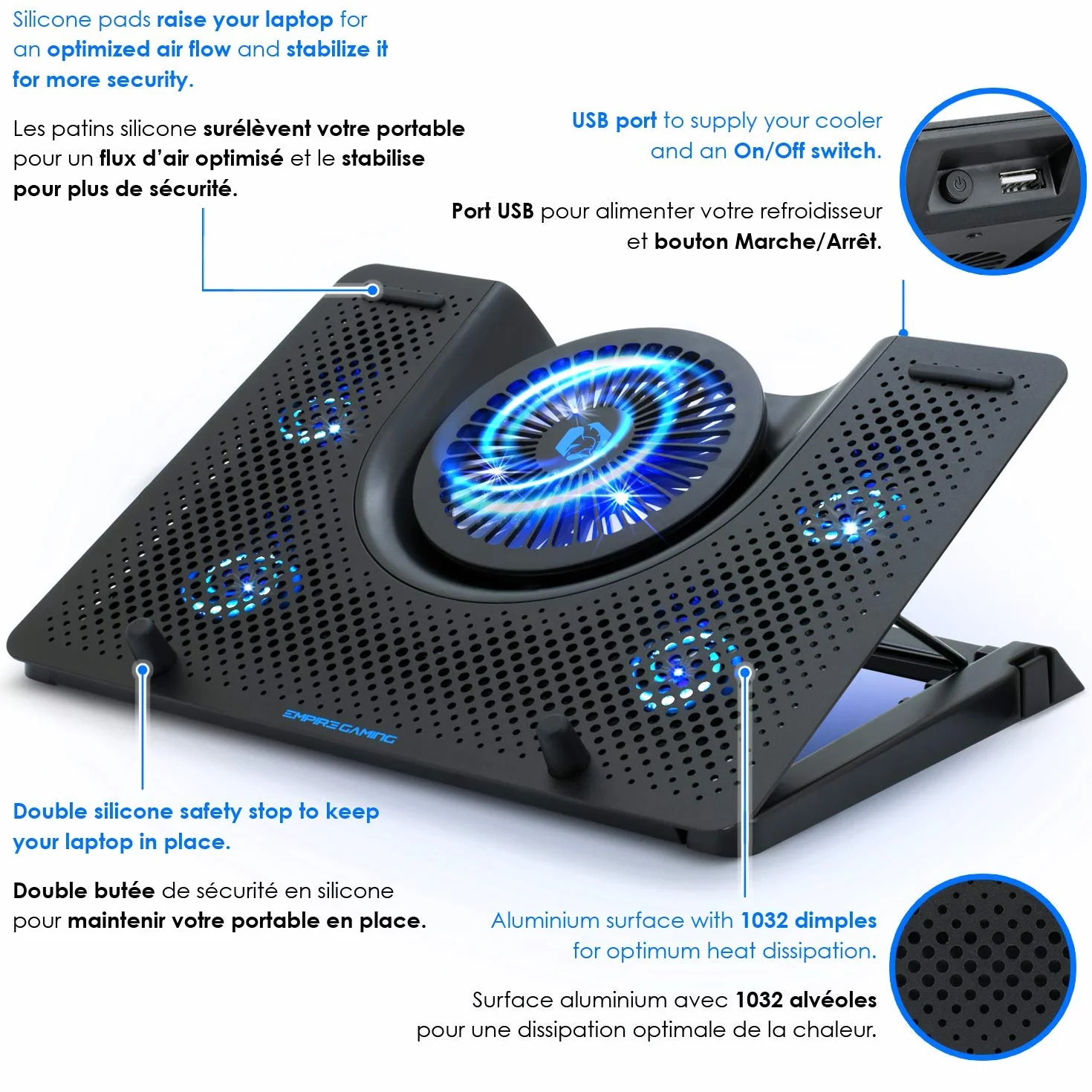 EMPIRE GAMING Turboost Aluminium Refroidisseur PC Ordinateur Portable Gamer 5 Ventilateurs Support 12-17 Pouces Rétroéclairage LED Bleu