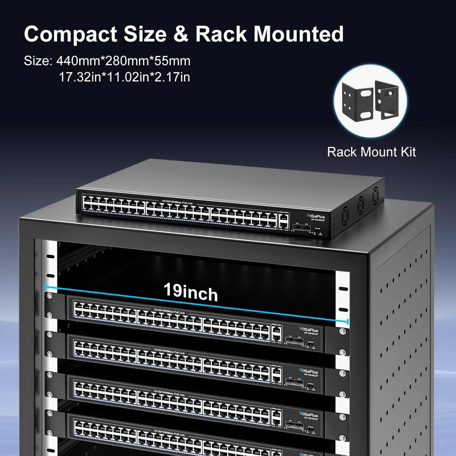 48 Port Gigabit PoE Switch with 2x1000Mbps Uplink, 2x1000Mbps SFP, GiGaPlus 48 Port IEEE802.3af/at PoE @700W, Support VLAN, Metal Housing, Desktop Or Wall-Mount, Plug & Play
