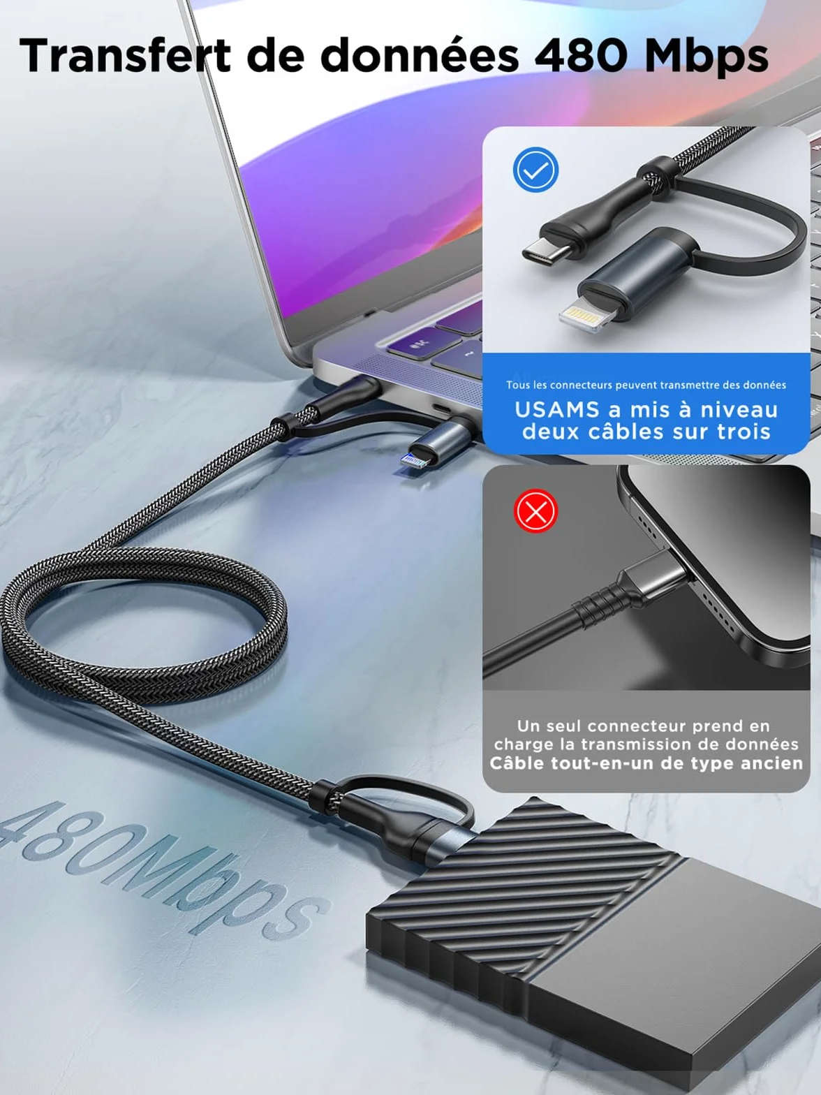 Câble Multi USB 4 en 1 1M Nylon Tressé USB C vers Lightning pour iPhone Galaxy S24 Huawei