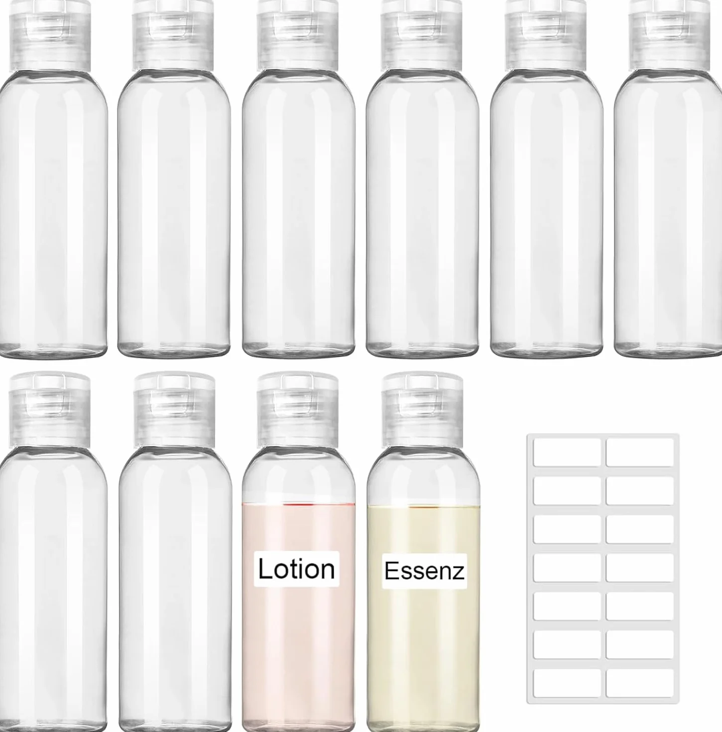 Kit Flacon Voyage Avion 15 Pièces 50ml Plastique Transparent Réutilisable avec Étiquettes