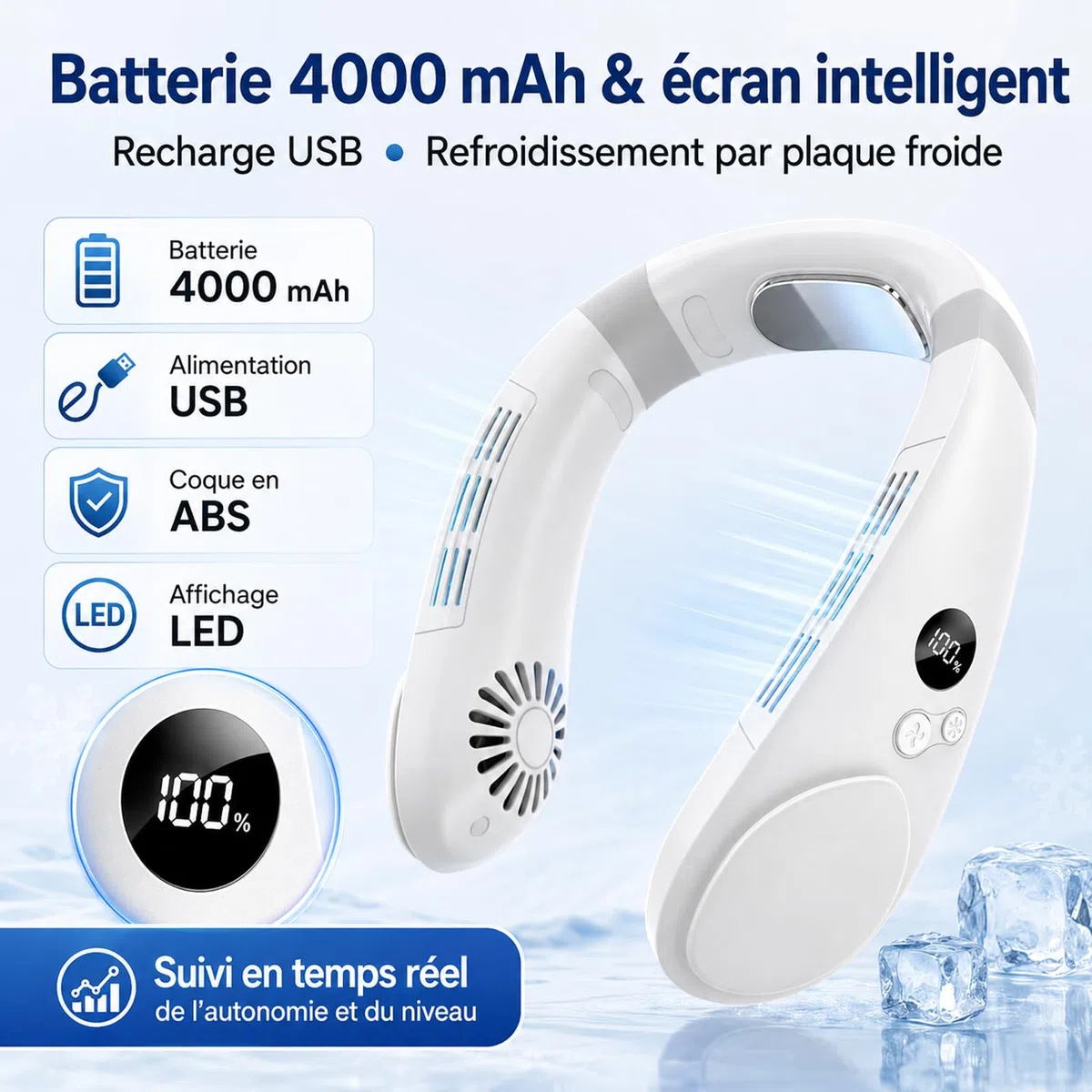Ventilateur de cou 4000mah Réduction bruit 3 vitesses réglables