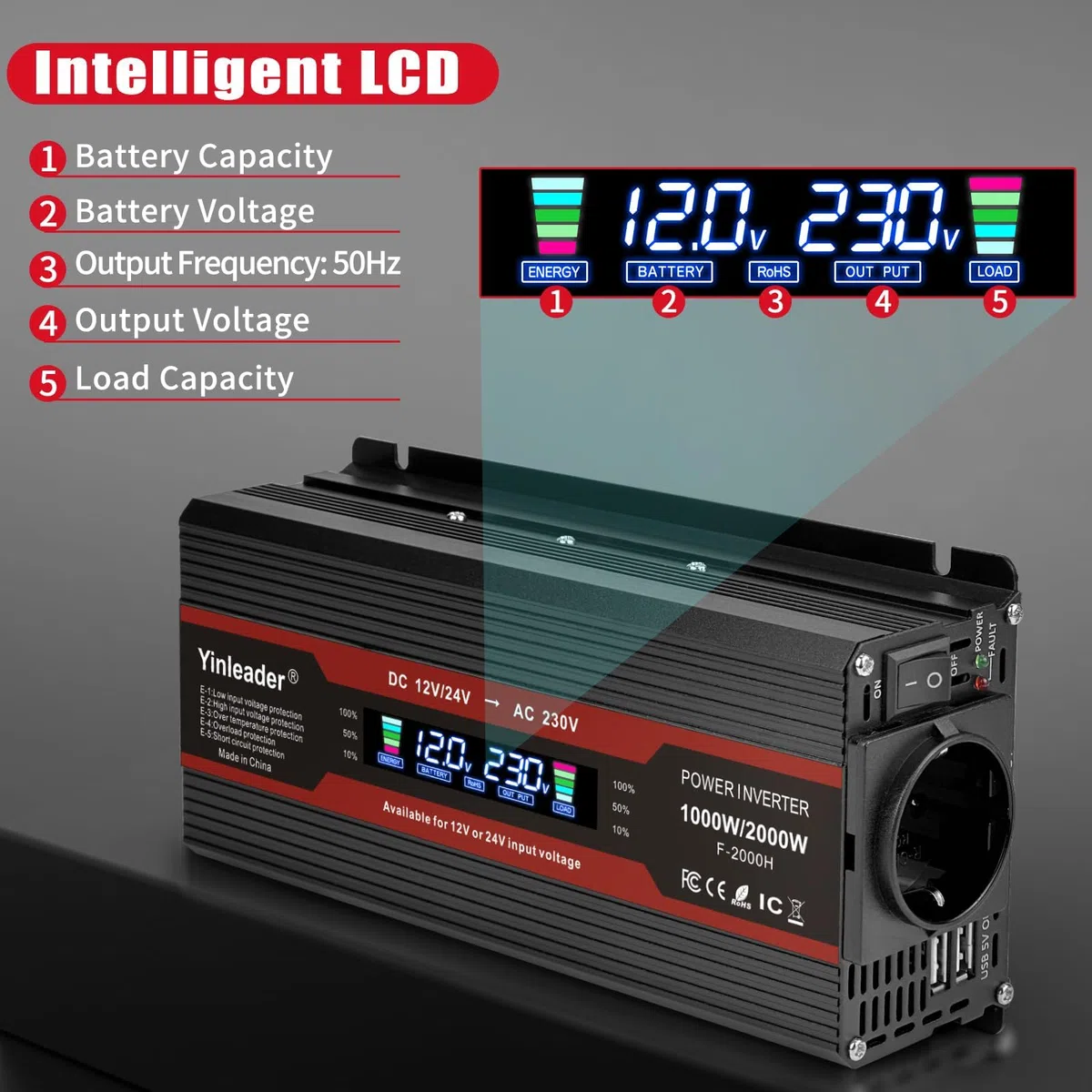 Yinleader Convertisseur 12V/24V vers 230V 1000W, Onduleur Auto-Détection