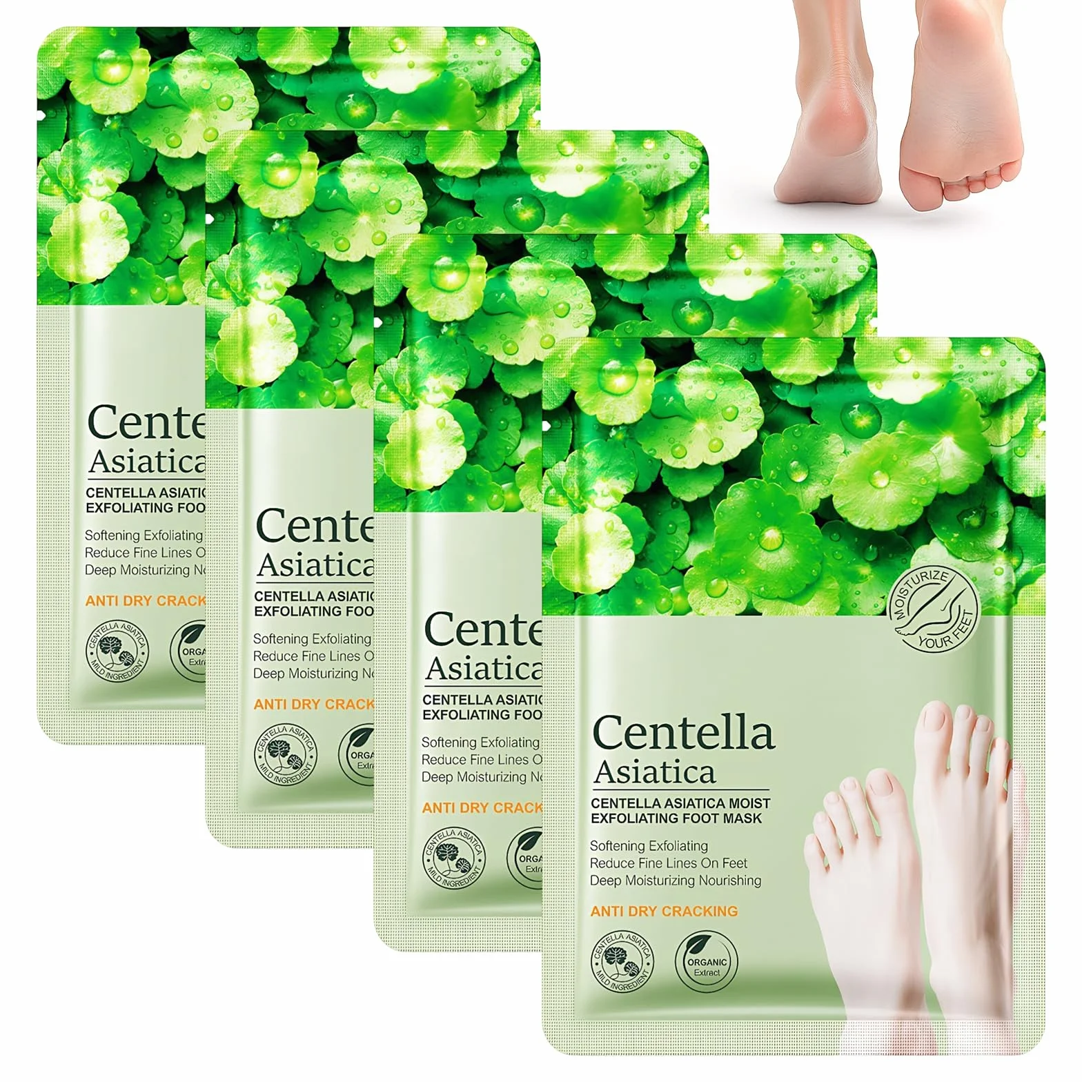 Masque Pieds Peeling Exfoliant 4 Paires, Centella Asiatica, Pieds Très Secs, Soin Nourrissant