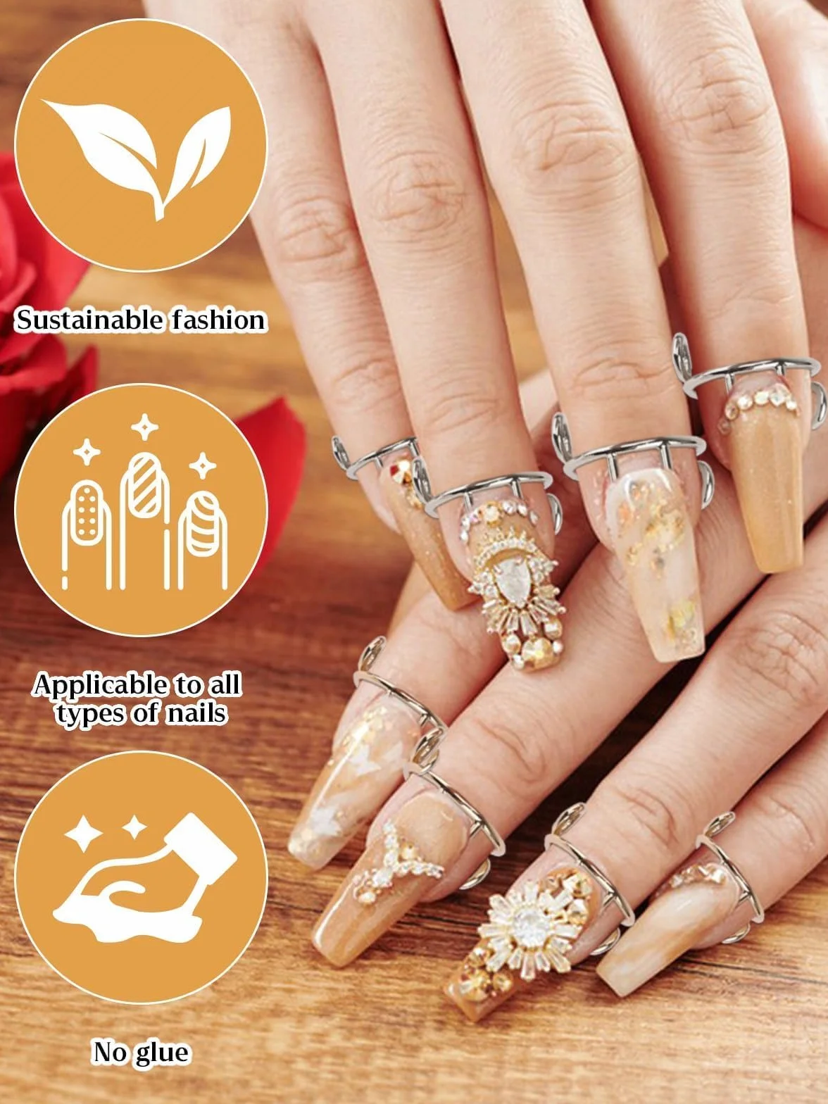 Bague à Ongles Réglables pour Acryliques, Métal Fingernail Rings pour Faux Ongles, Décoration Nail Art (Or et Argent)