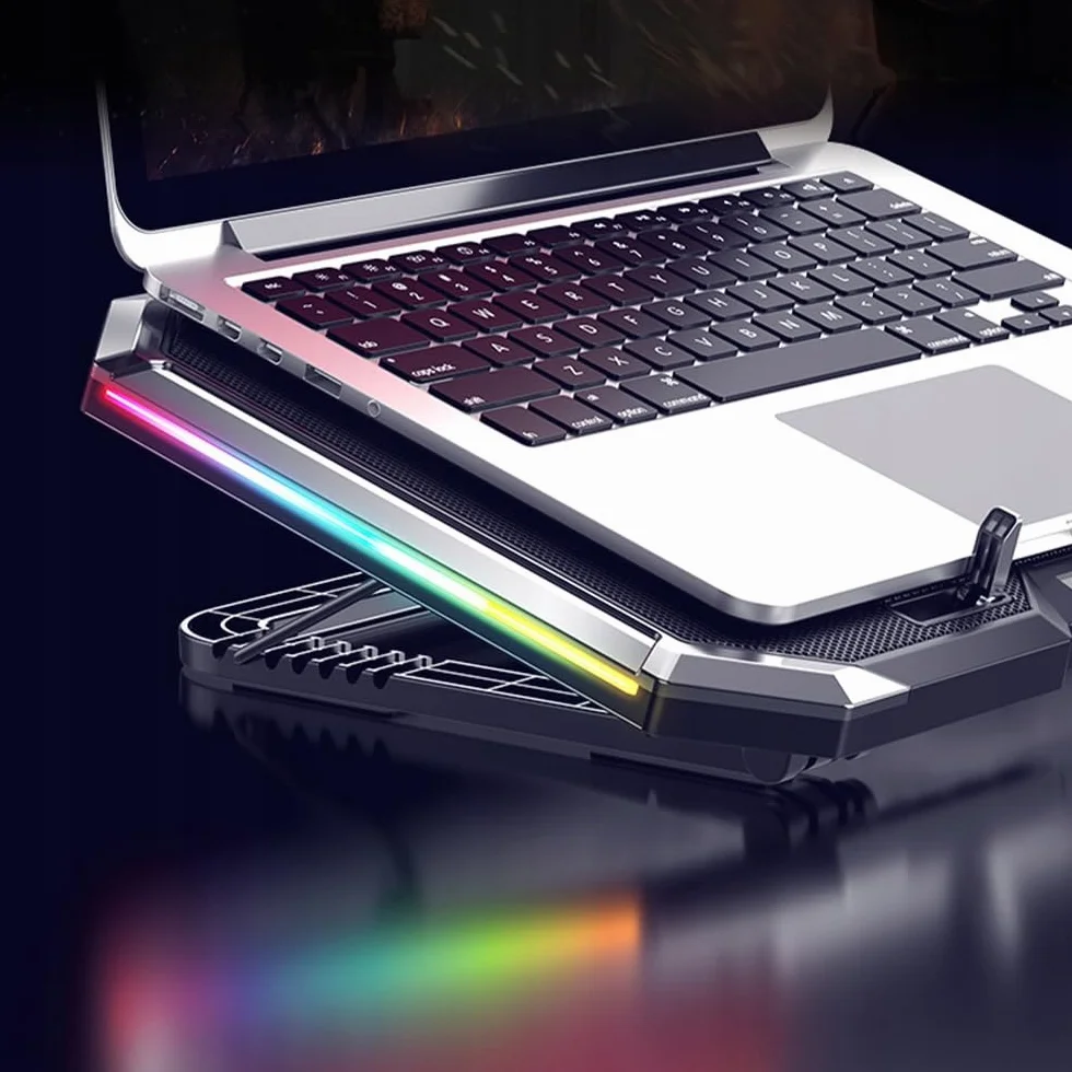 Q8 RGB LED Support Ordinateur Portable 6 Ventilateurs 18 Pouces Inclinaison 0-32° Écran LCD Silencieux 25dB USB