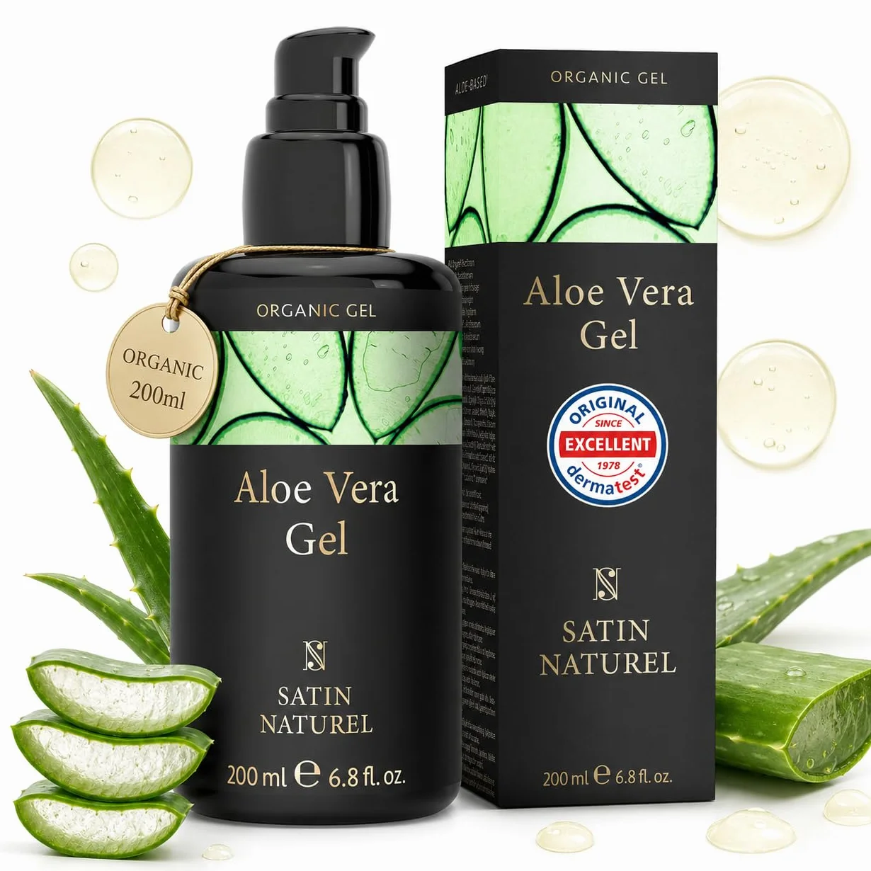 Satin Naturel Gel Aloe Vera Bio 200 ml – Gel d’Aloe Vera Concentré – Acide Hyaluronique & Panthénol – Soin Hydratant Visage, Corps & Cheveux