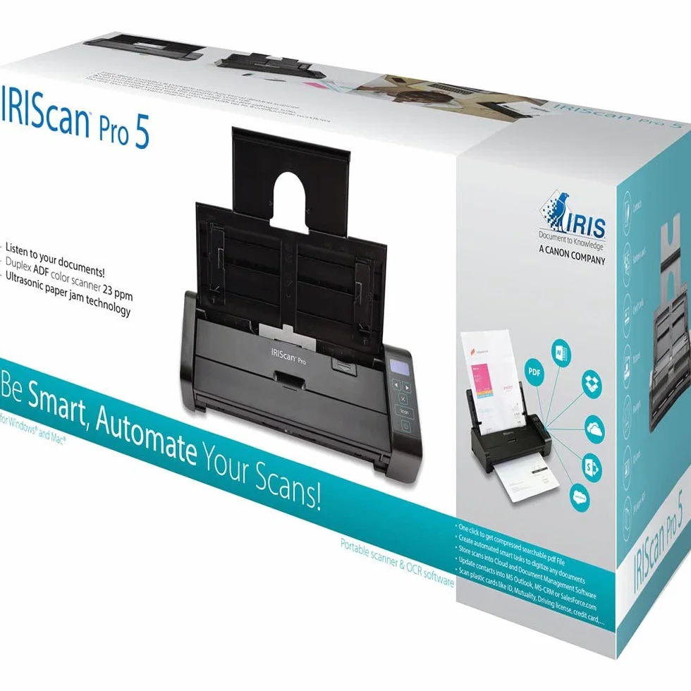 IRIScan Pro 5 Scanner Document : 20PPM | ADF 20 Pages | Scanner Portable | OCR 138 Langues | Scan to PDF/Word/JPG/Tiff | Carte Visite dans Outlook | USB+AC | Noir | WinMac
