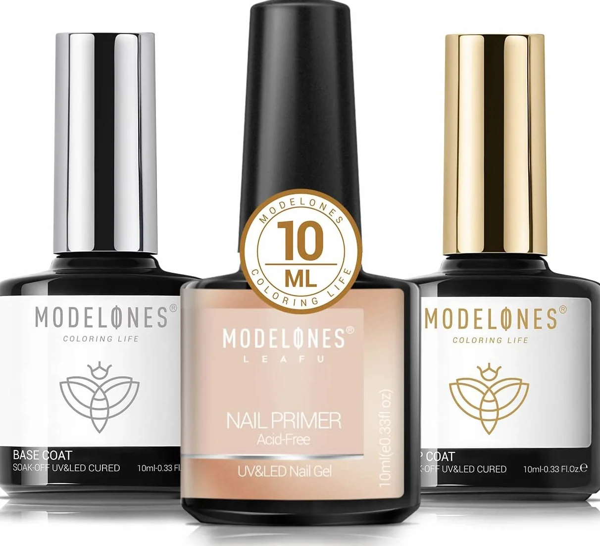 Modelones Base et Top Coat Vernis Semi Permanent No Wipe avec Primer Ongle Gel Nail Prep Kit Manucure UV Complet 10ML