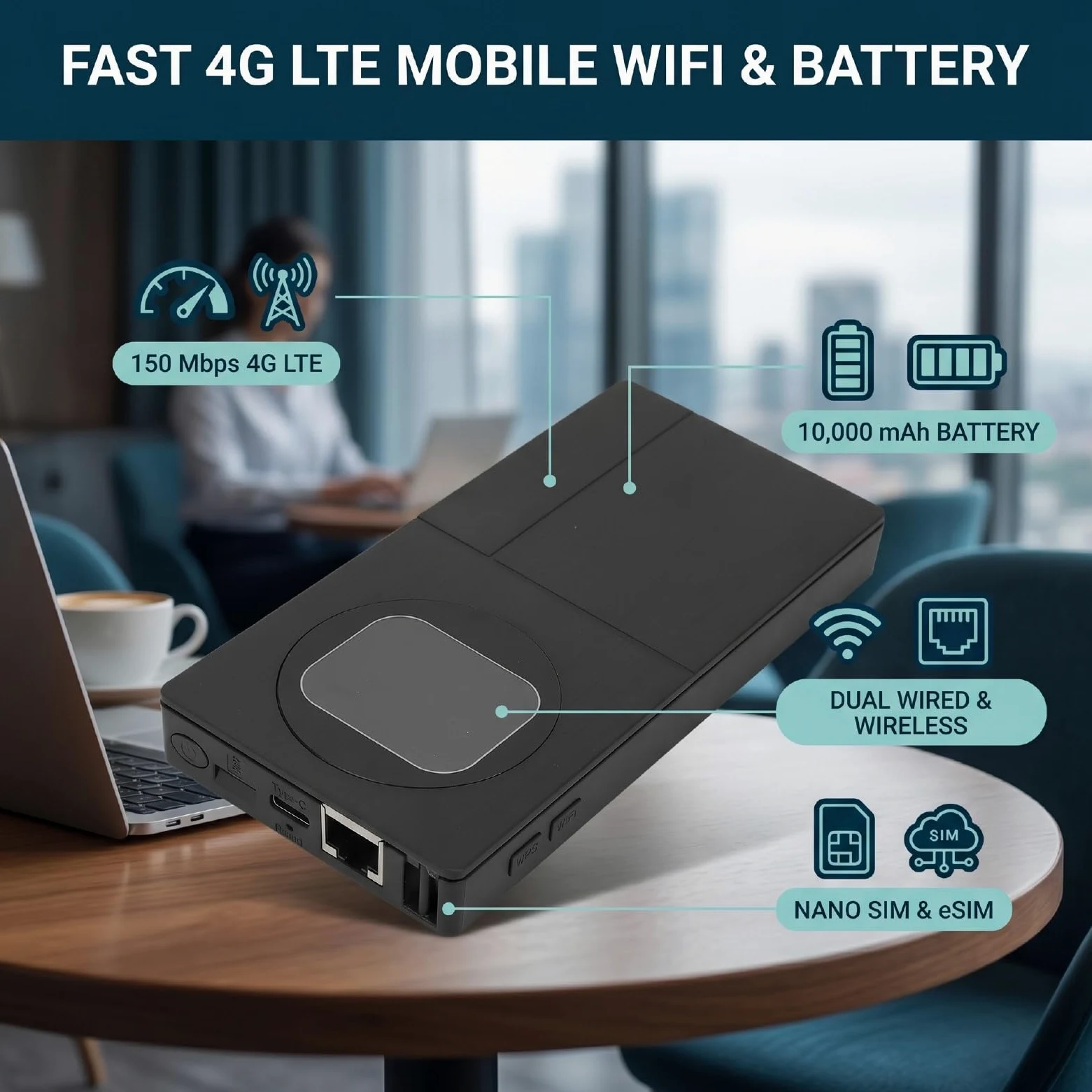 Routeur WiFi 4G LTE Portable, Point D’accès Mobile 150 Mbps 10000 MAh avec Emplacement pour Carte SIM Port Ethernet, for Voyage Affaires Extérieur
