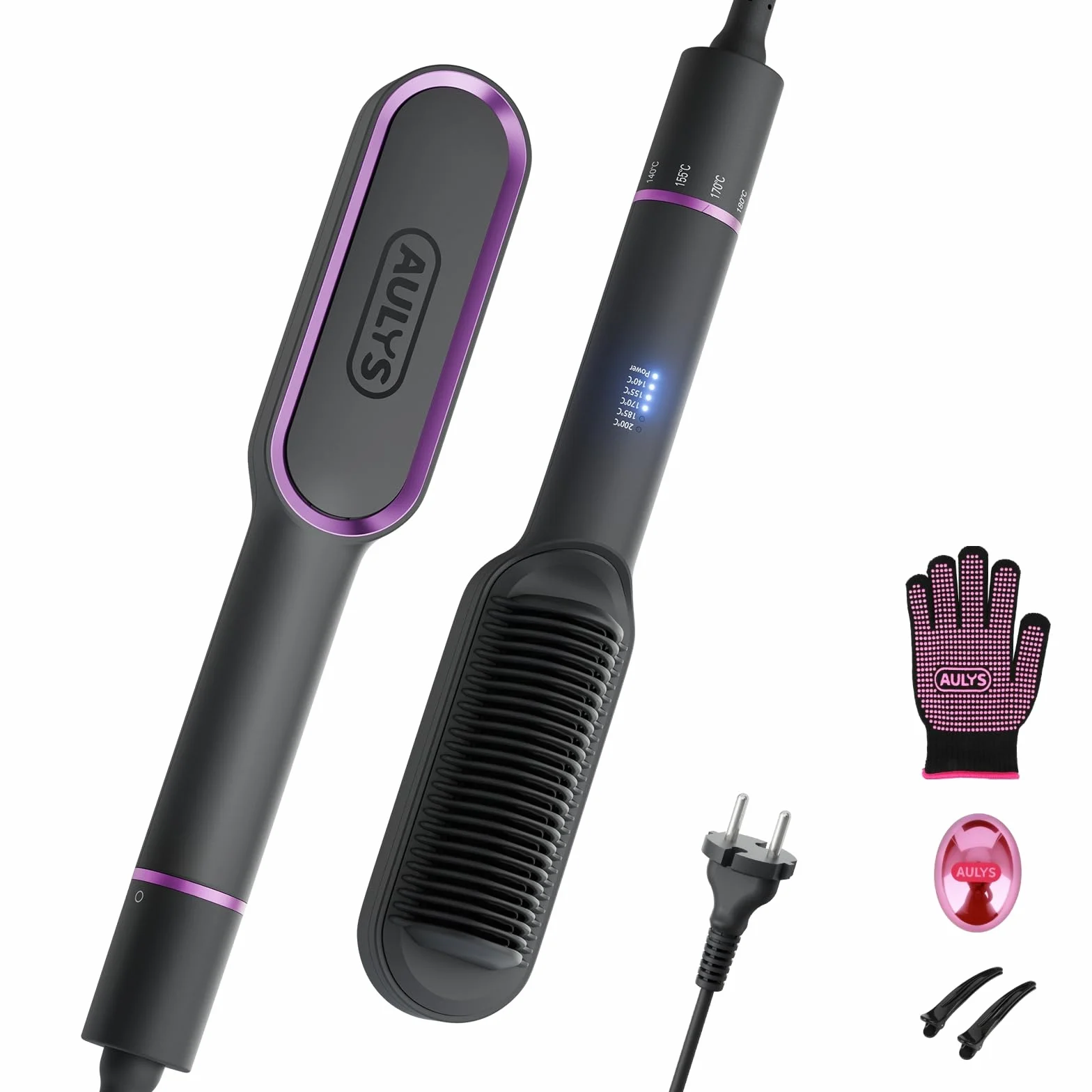 Brosse Lissante Chauffante Céramique avec Chauffage PTC 25s, 5 Températures Ajustables 140-200°C, Anti-Brûlure