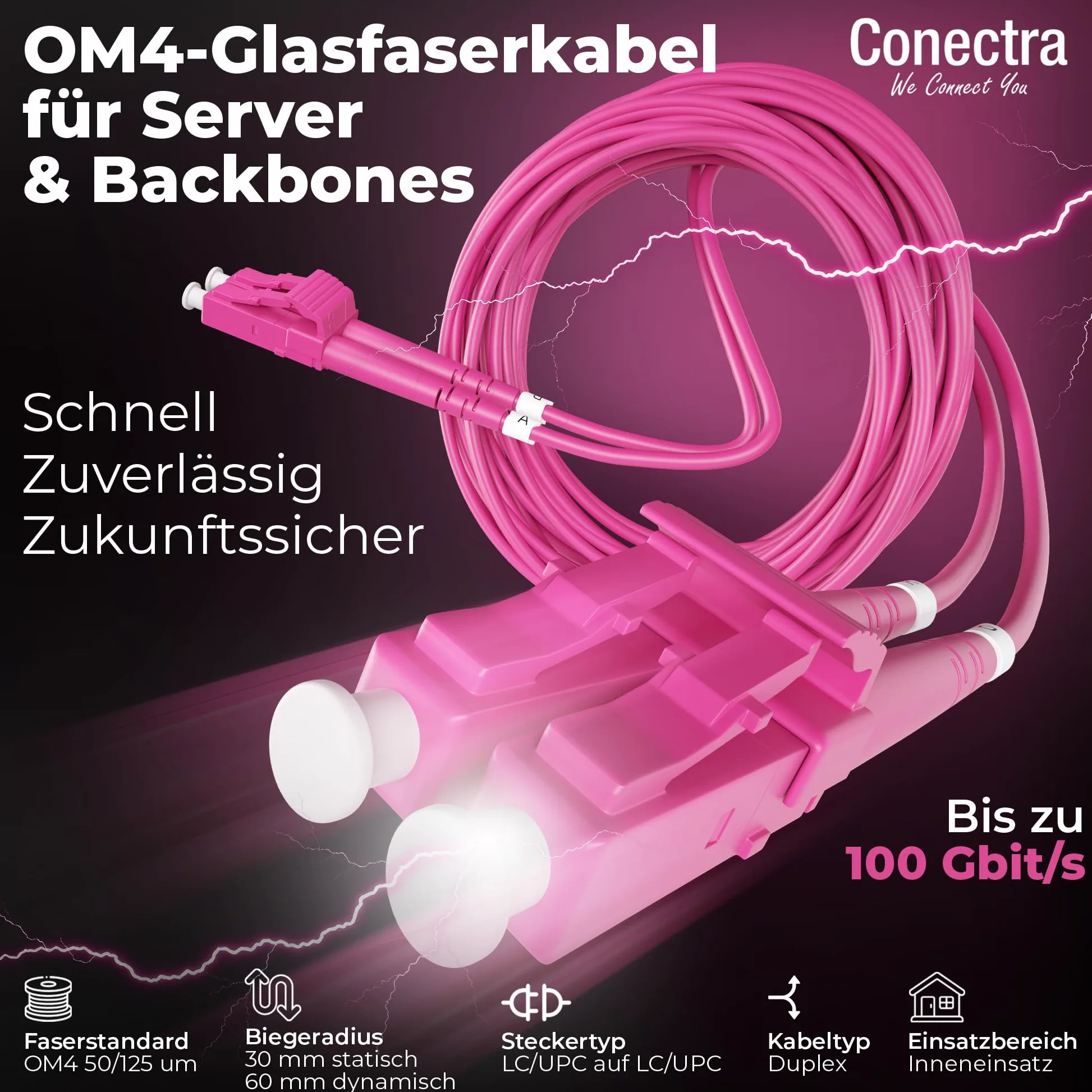 Câble de fibre optique OM4 de 30 m - Duplex - LC/UPC vers LC/UPC - Couleur magenta - Idéal pour les réseaux d'entreprise - Rallonge de fibre optique (longueur 20 m)