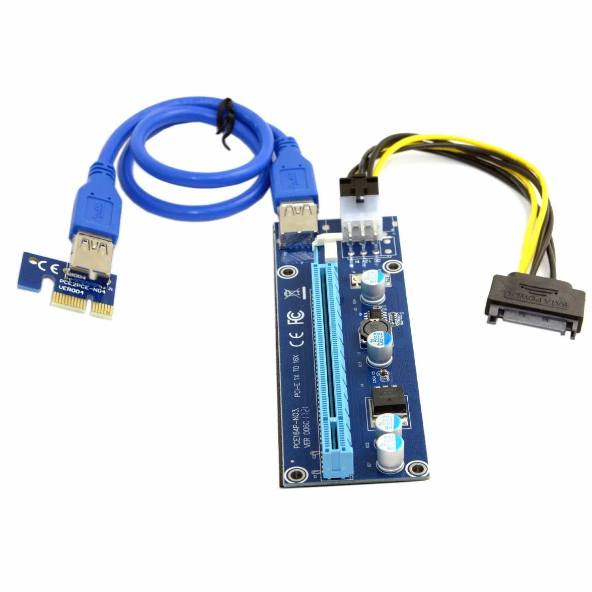 Adaptateur d'extension PCI-E 1x vers 16x avec USB 3.0 et câble d'alimentation 6 Broches