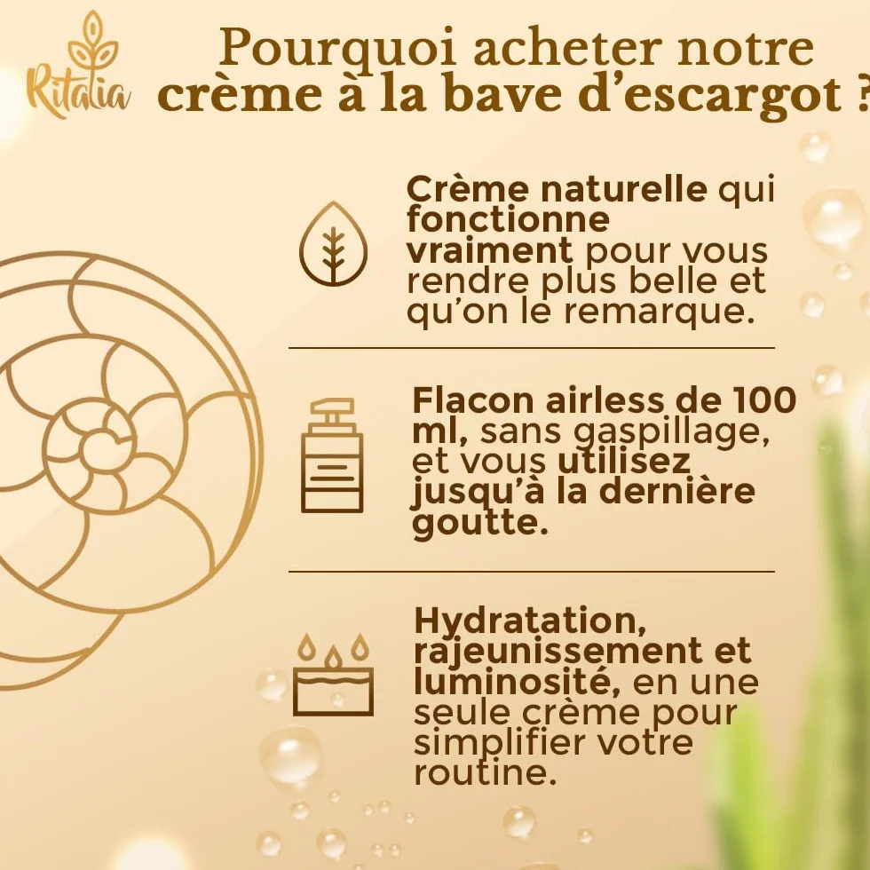 Crème visage Ritalia à la bave d'escargot 75% acide hyaluronique pur anti-rides hydratante 100 ml bio
