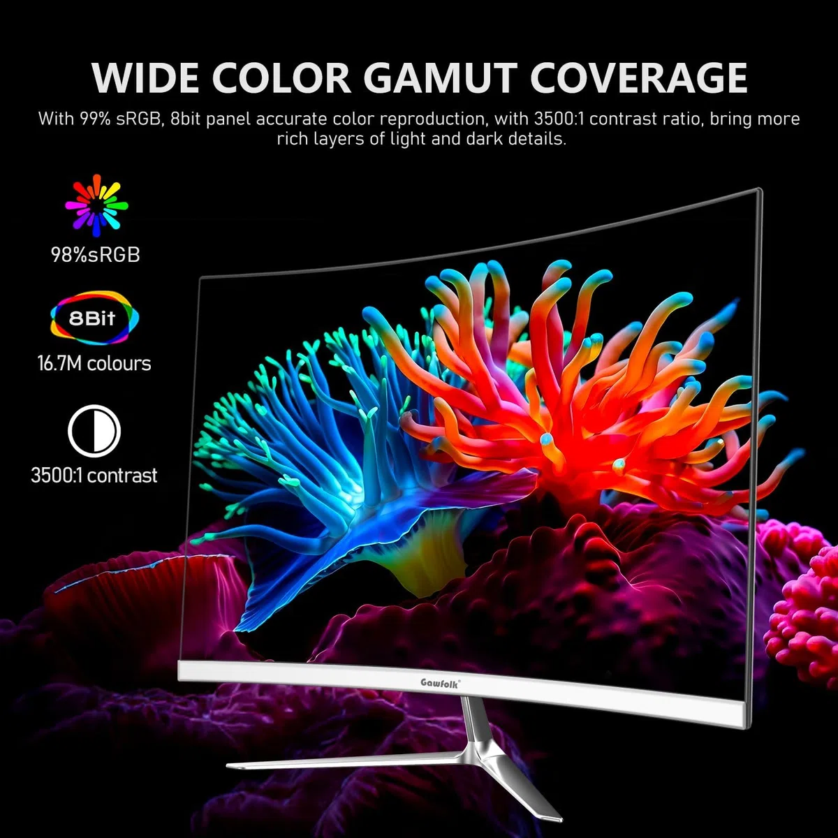 Gawfolk Écran PC Incurvé 24.5 Pouces, Moniteur Gaming 120Hz 3000R, Ecran PC FHD 1920x1080P, 100% sRGB, 1ms MPRT, Haut Parleurs Intégrés, Interface HDMI & DP, Protection des Yeux, Supporte VESA