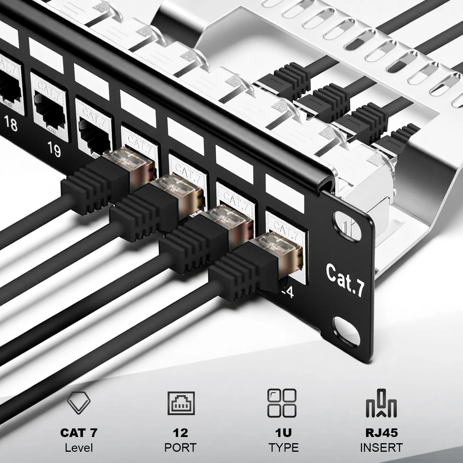 Panneau de brassage 24 ports CAT7 1 U 19" - Montage en rack - Blindé - Compatible avec les modules Keystone (CAT5/CAT6/CAT7/CAT8) - Pour réseau 10 Gbit/s - 600 MHz - Noir - Boîtier vide à