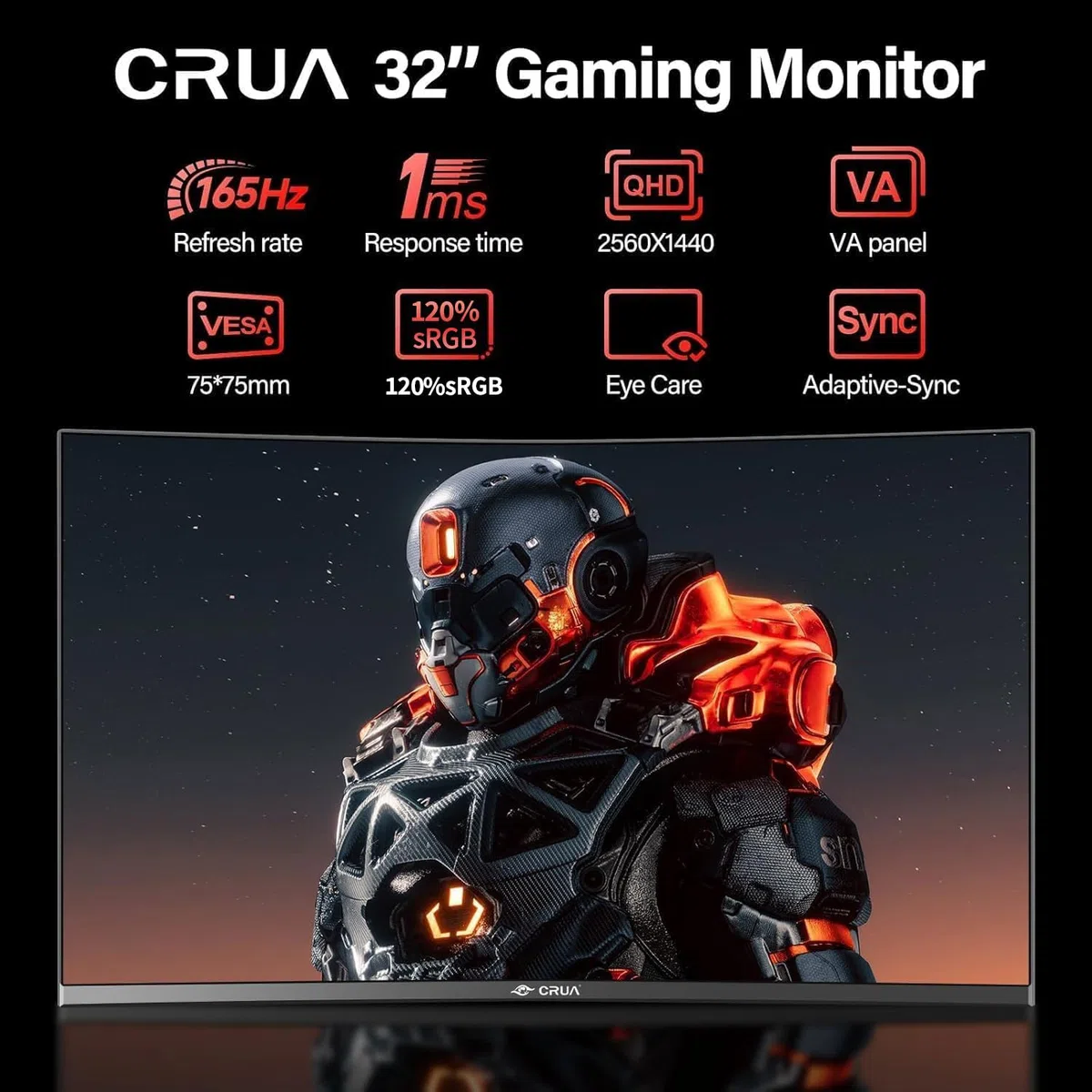 CRUA Ecran PC Gaming Incurvé 32 Pouces 2K (2560x1440p) 165Hz 144Hz,1 ms, Panneau VA, 1500R, sRGB 120%, DCI-P3 90%, Adaptive-Sync, Ultra-Thin Frameless HDMI,DP,VESA