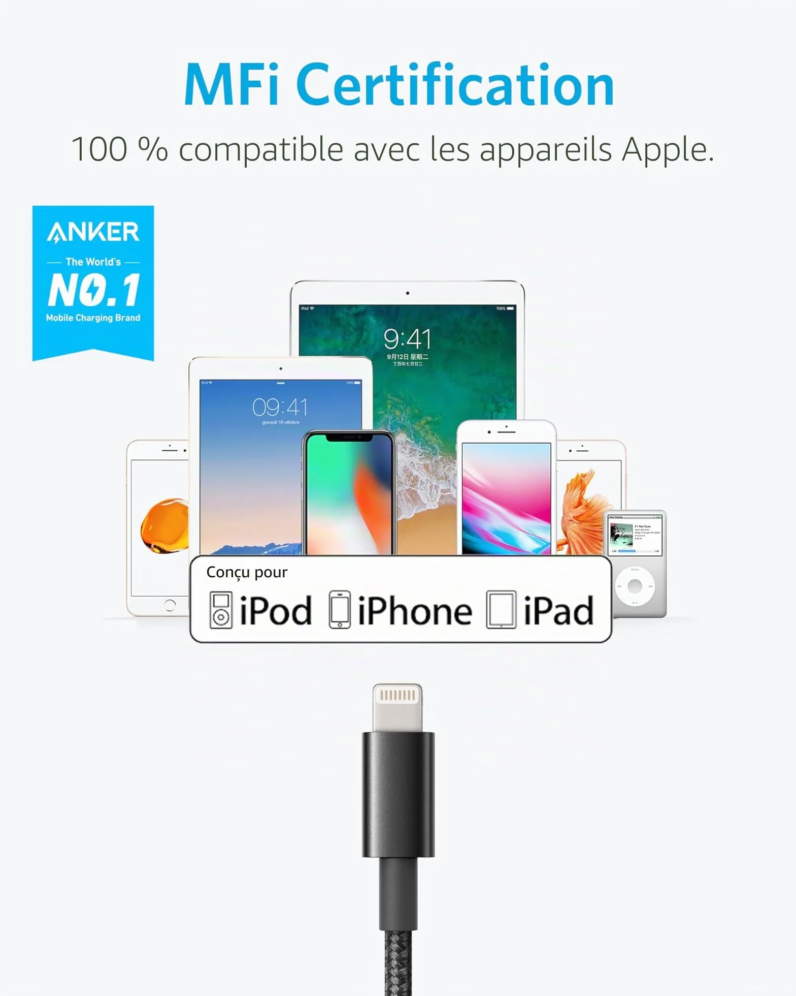 Anker Cable USB-A vers Lightning Nylon MFi 1 m pour iPhone iPad
