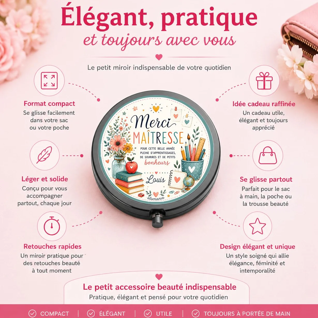 Miroir de Poche Personnalisé Prénom – Cadeau Maîtresse Fin d'Année Scolaire – Miroir Compact Femme