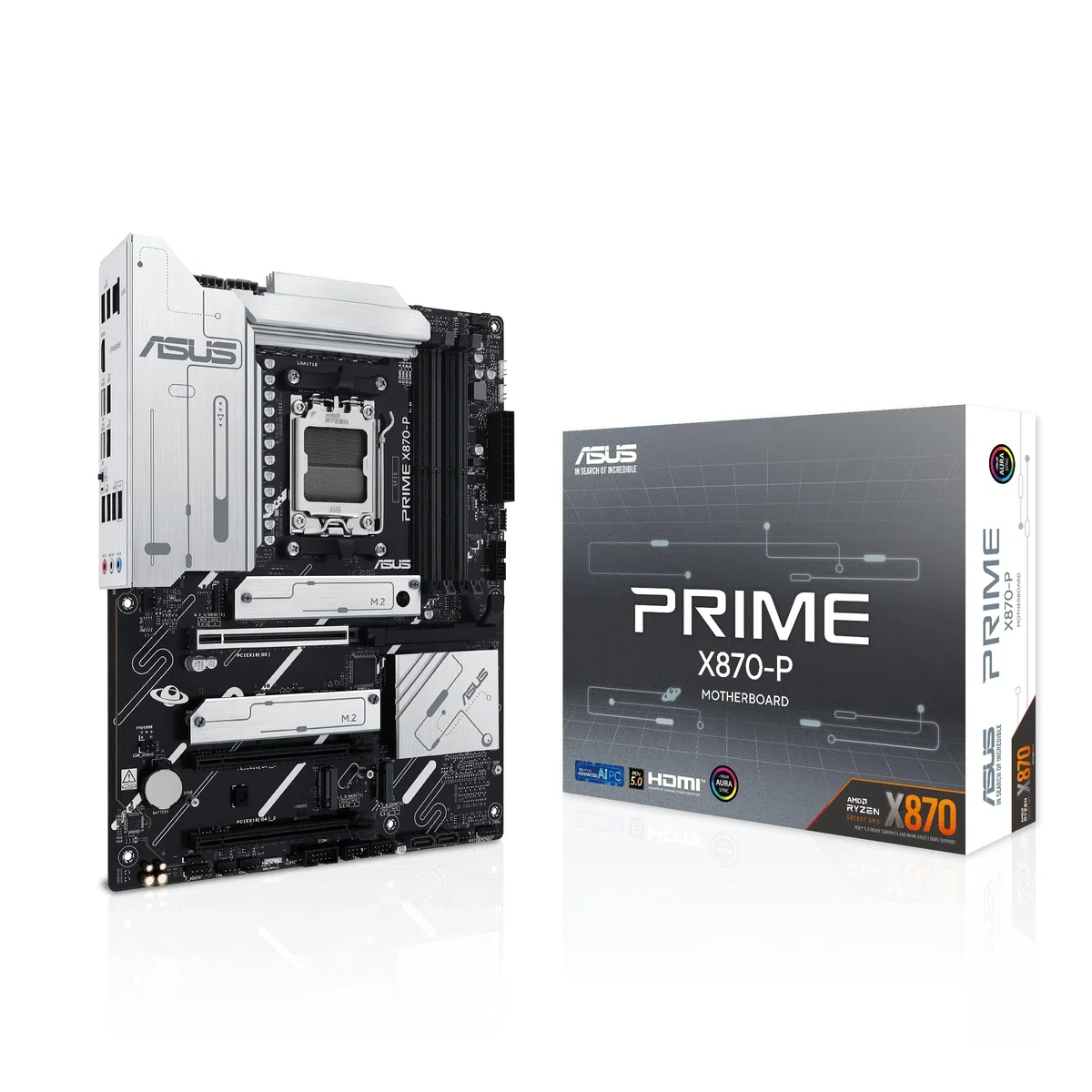 ASUS Prime X870-P – Carte mère Gaming AMD Ryzen AM5 X870 ATX (DDR5, 14+2+1 (80A) DrMOS, PCIe 5.0, 4 x M.2, USB 40Gbps Type-C, HDMI, Aura Sync RGB)