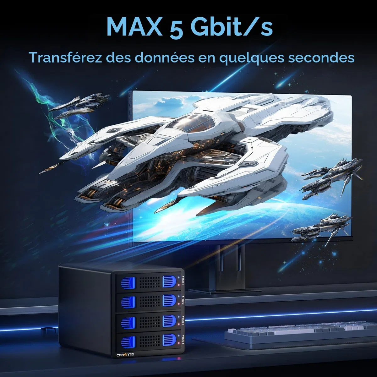 Boîtier Raid, CENMATE Boîtier de Disque Dur 4 Baies pour 2,5/3,5 SATA HDD/SSD avec Câble USB A/C 3.0, Boîtier de Disque Dur Externe Compatible avec Une Capacité de 80To, 8 Modes