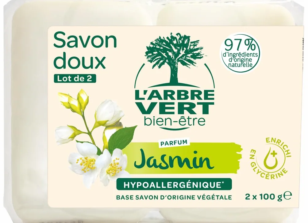 L'Arbre Vert Bien-être Savon solide doux Jasmin Hypoallergénique 97% d'ingrédients d'origine naturelle lot de 2x100g