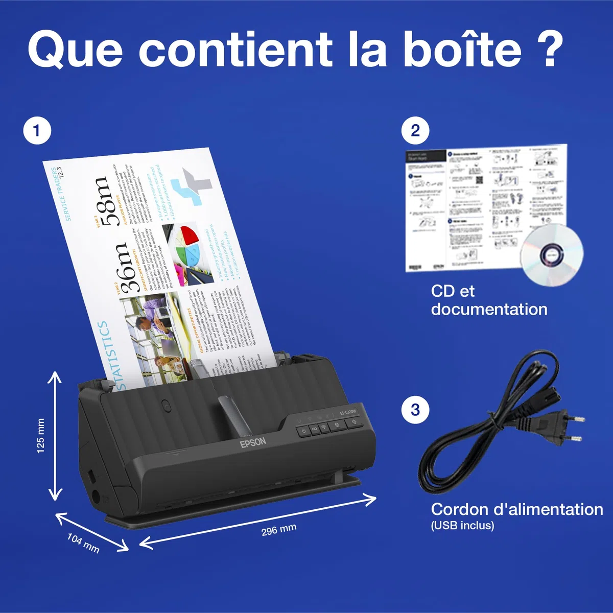 EPSON ES-C320W | Scanner A4 recto-verso compact Wi-Fi - faible consommation, modes demi-tour et chemin droit, compatibilité multi-appareils, numérisation passeports et livrets