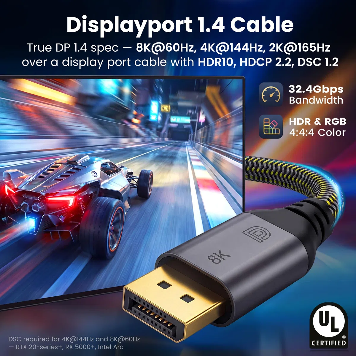GearIT Lot de 5 câbles DisplayPort vers DisplayPort 1.4 (8K @ 60 Hz, 4K @ 144 Hz, 2K @ 165 Hz), 5 m
