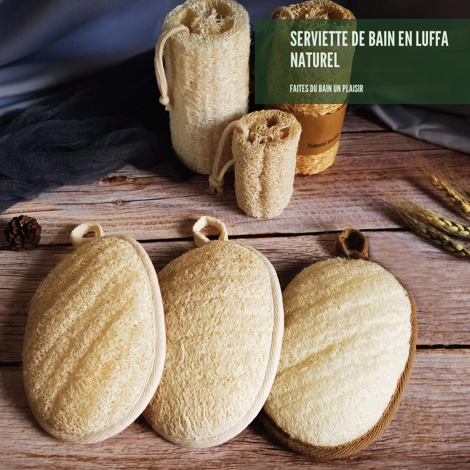 Éponge naturelle de luffa exfoliante pour le corps, paquet de 2, fibres végétales, beige