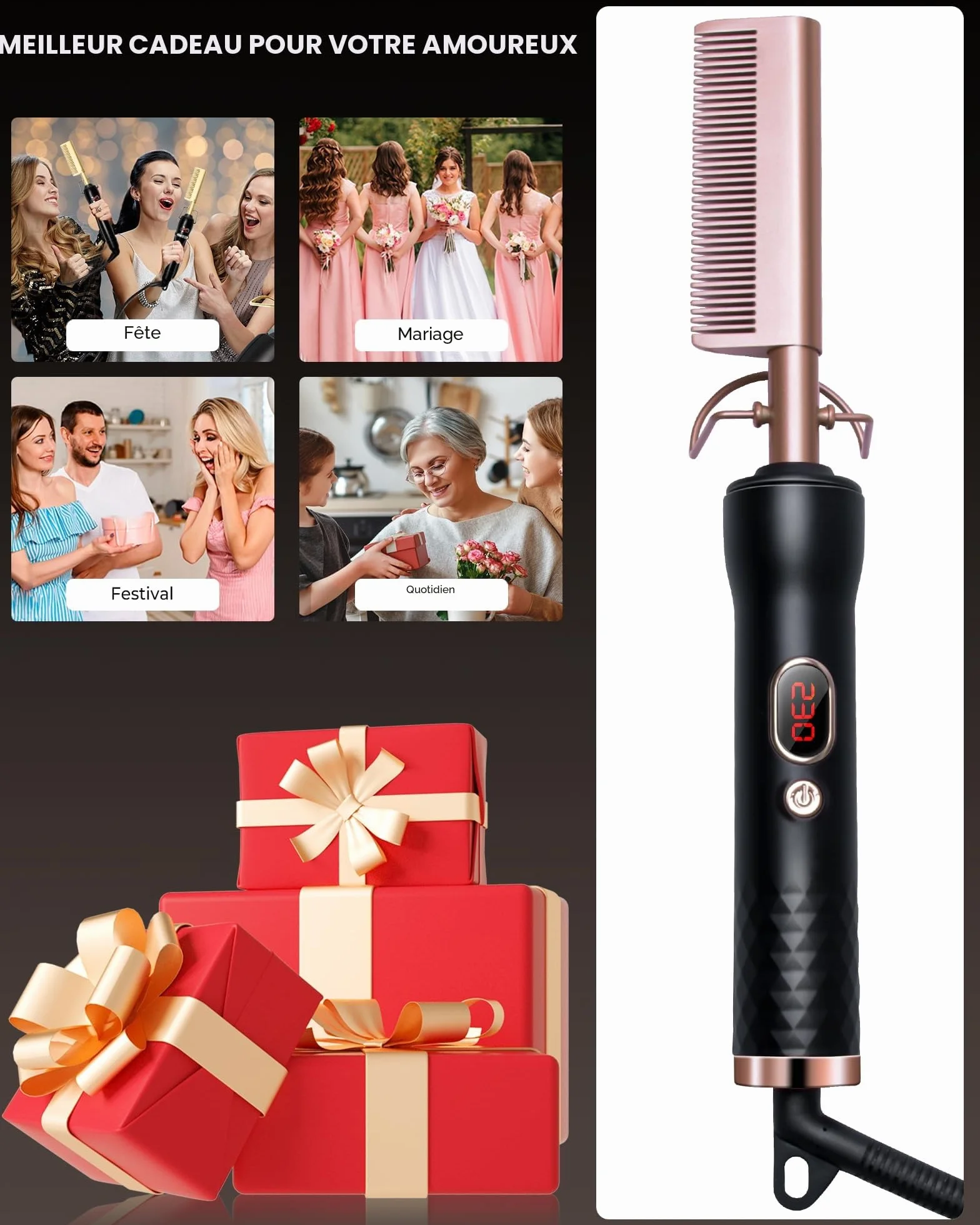 Peigne Chauffant Cheveux Afro Lisseur Hot Comb Écran LCD 120-230℃ Céramique Arrêt Automatique