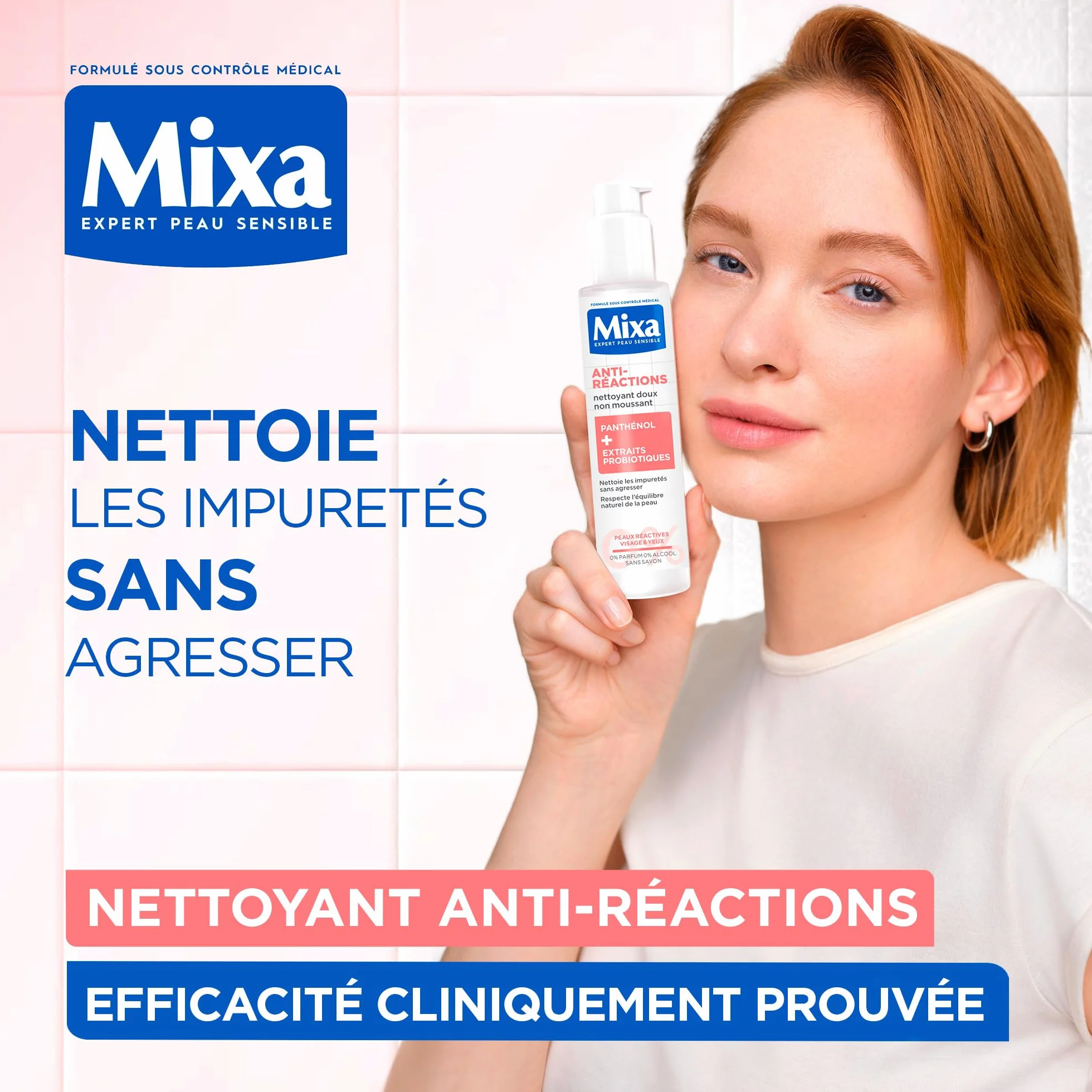 MIXA Nettoyant Visage Anti-Réactions 150 ml Panthénol Extraits Probiotiques Sans Parfum Sans Savon