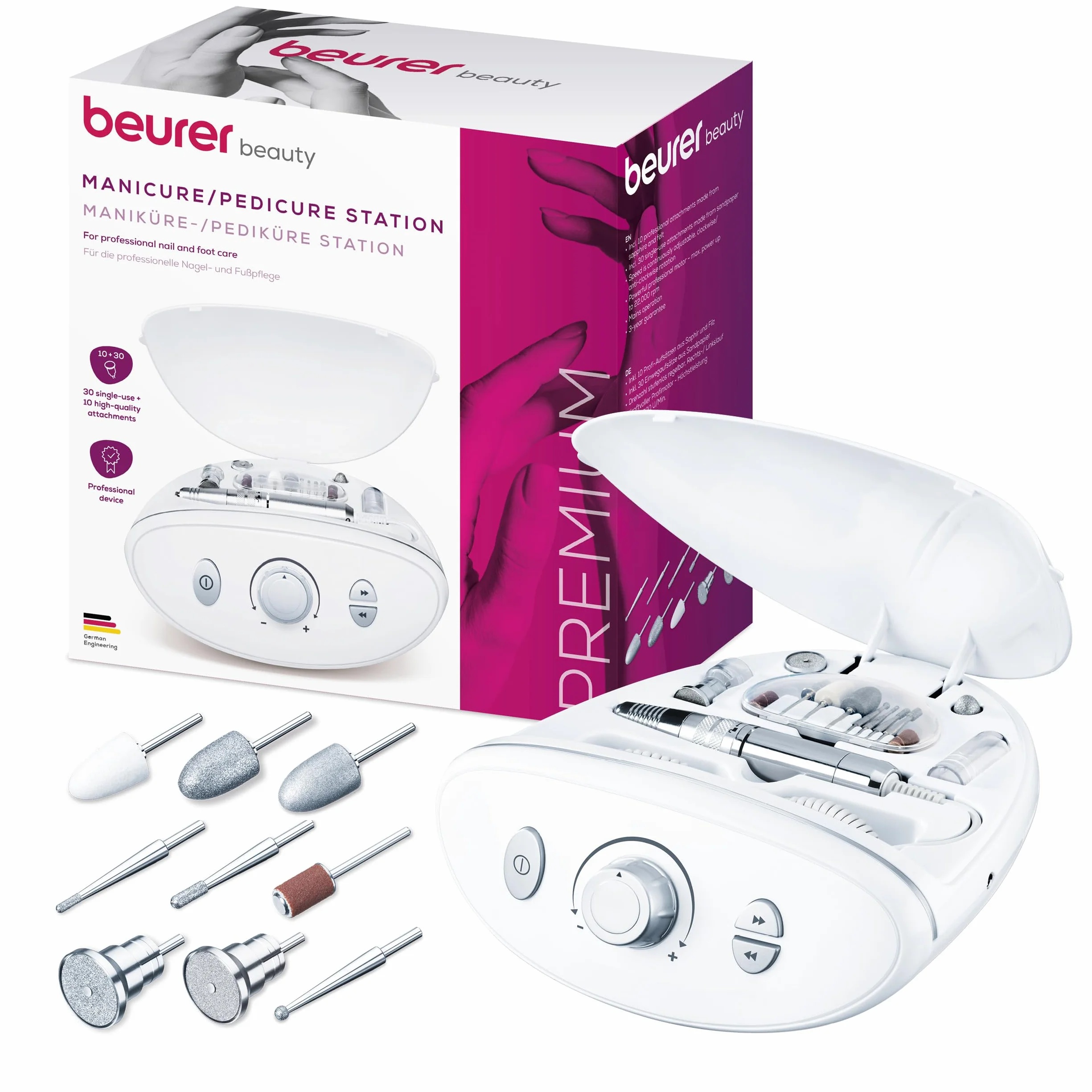Beurer MP 100 Station professionnelle de manucure pédicure ponceuse ongles 10 embouts saphir feutre protection poussière 20.000 tr/min