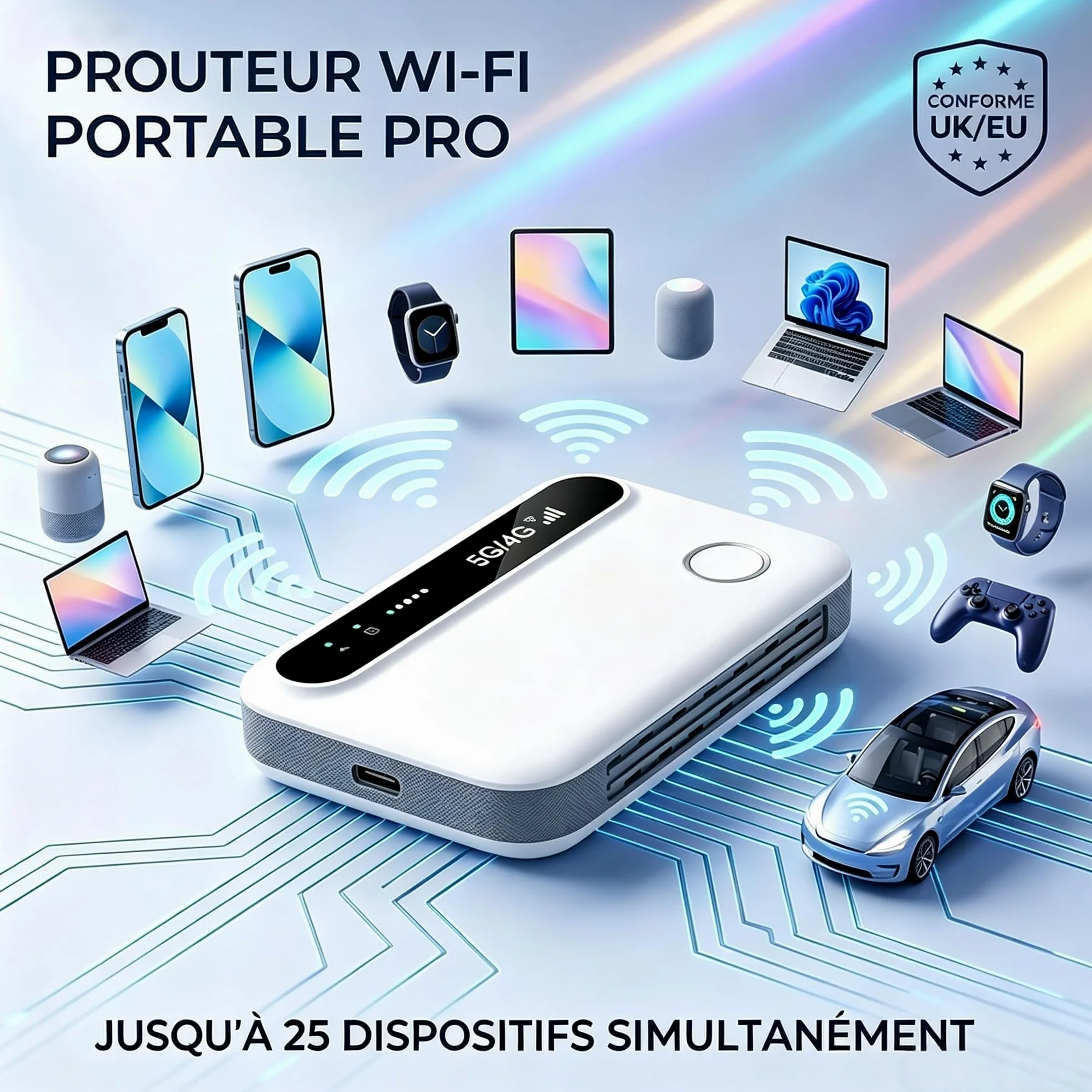 Routeur 5G Portable WiFi 6 Déverrouillé, Modem Mobile 5G/4G+ avec Emplacement SIM, Jusqu'à 25 Appareils Connectés, Internet Haut Débit Idéal pour Voyage, Camping et Télétravail