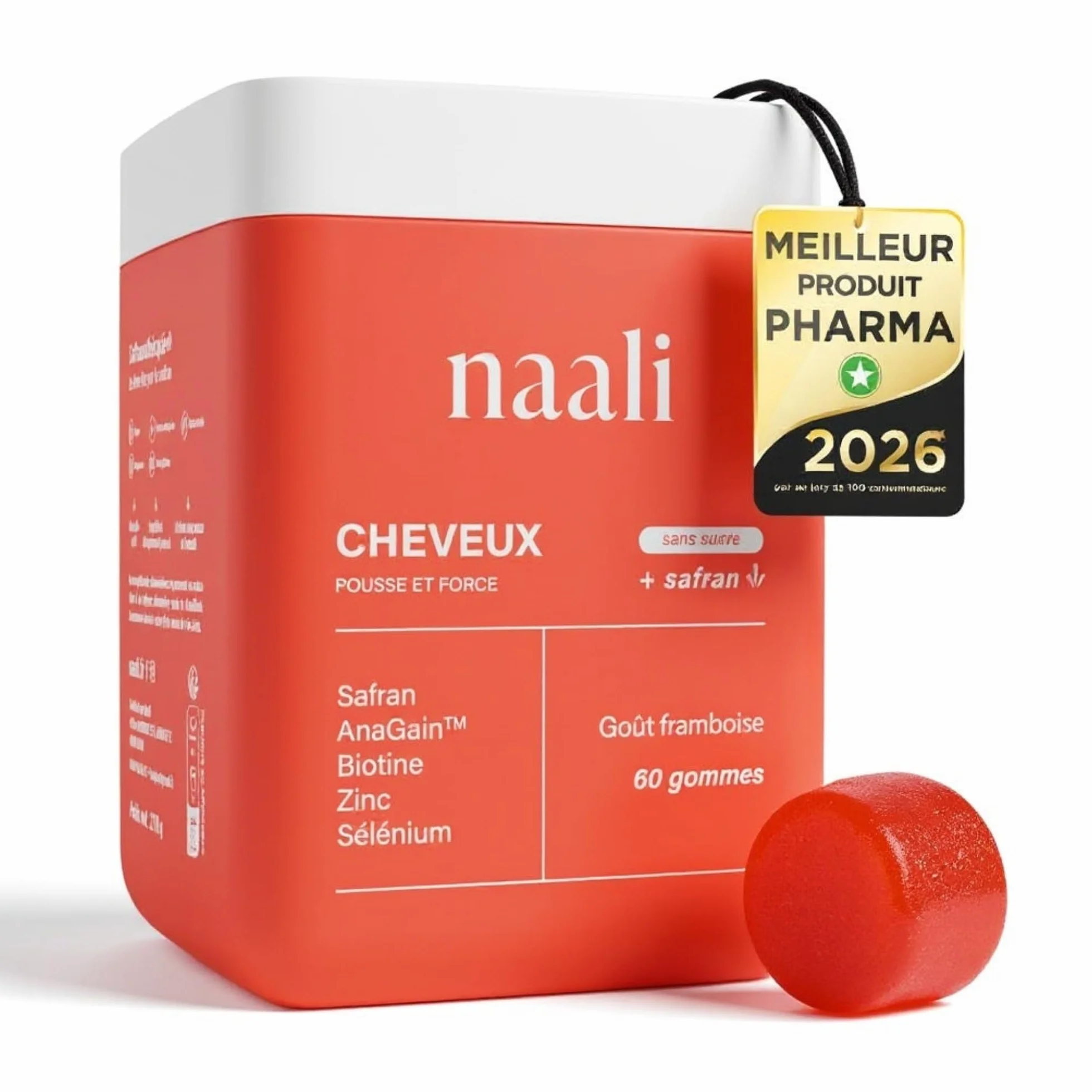 Naali Cheveux Gummies Safran AnaGain Zinc Sélénium 60 Gommes Complément Alimentaire Beauté Capillaire Maintien des Cheveux Normaux Sans Sucre Goût Framboise